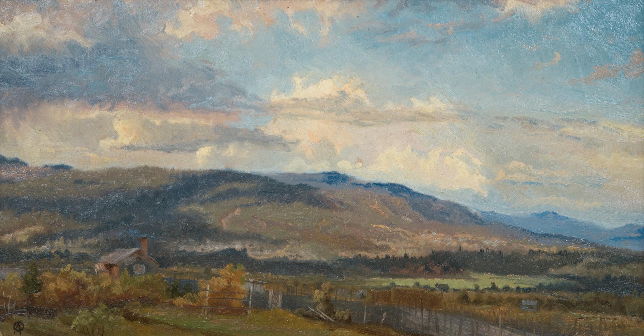 Óleo original que representa una granja en Dalarna, Suecia, 1864 - Painting Impresionista de Olof Arborelius