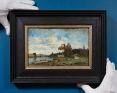 Swedish Impressionist Lakeside Landscape with Boats and Distant Hills