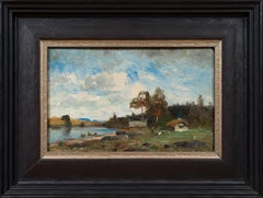 Swedish Impressionist Lakeside Landscape with Boats and Distant Hills