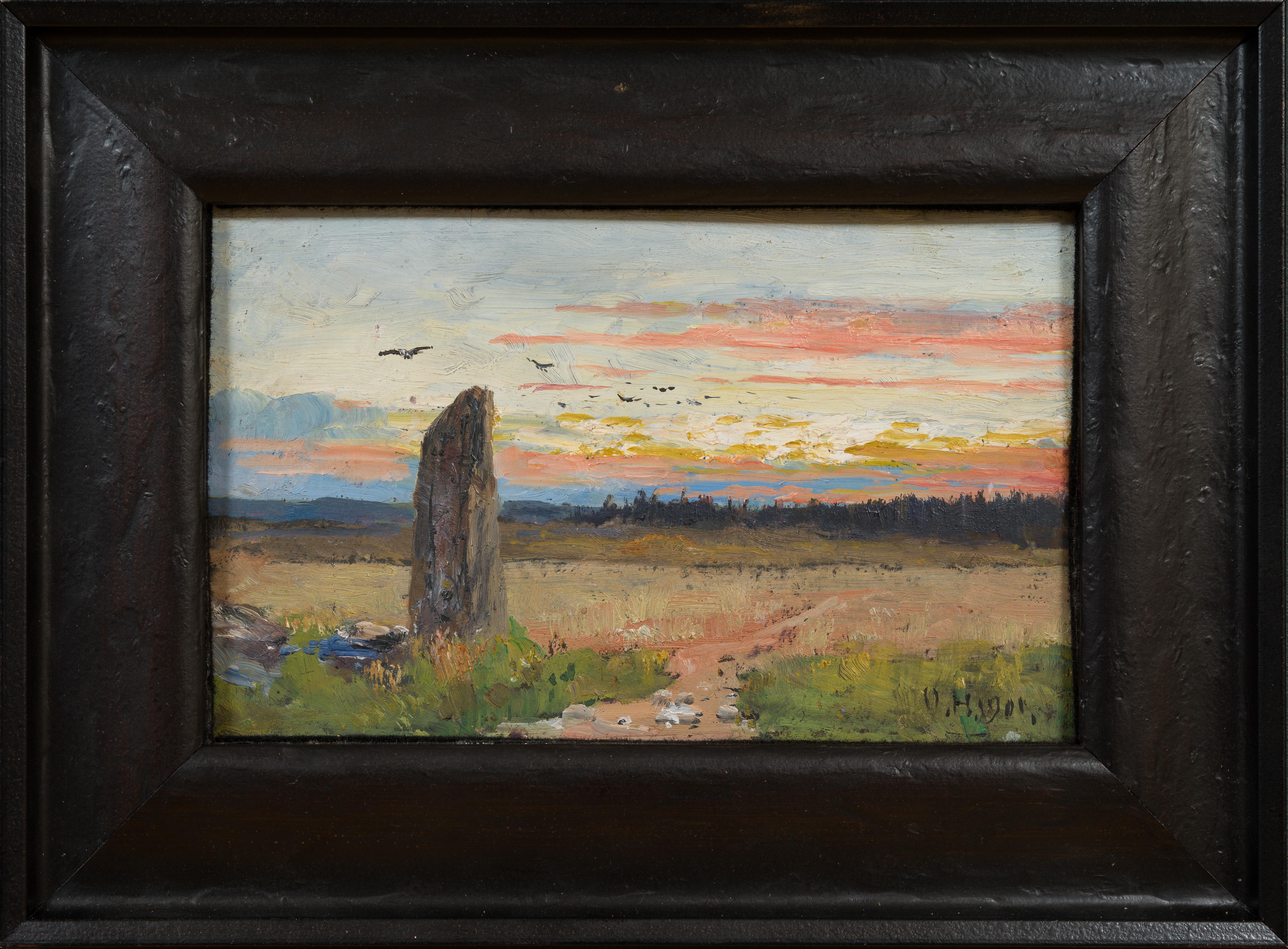 This atmospheric study shows a solitary standing stone rising in the flat landscape of Uppland, silhouetted against a luminous sunset sky. Broad, animated brushstrokes capture the shifting colors of dusk, the dark forest line, and a flock of birds