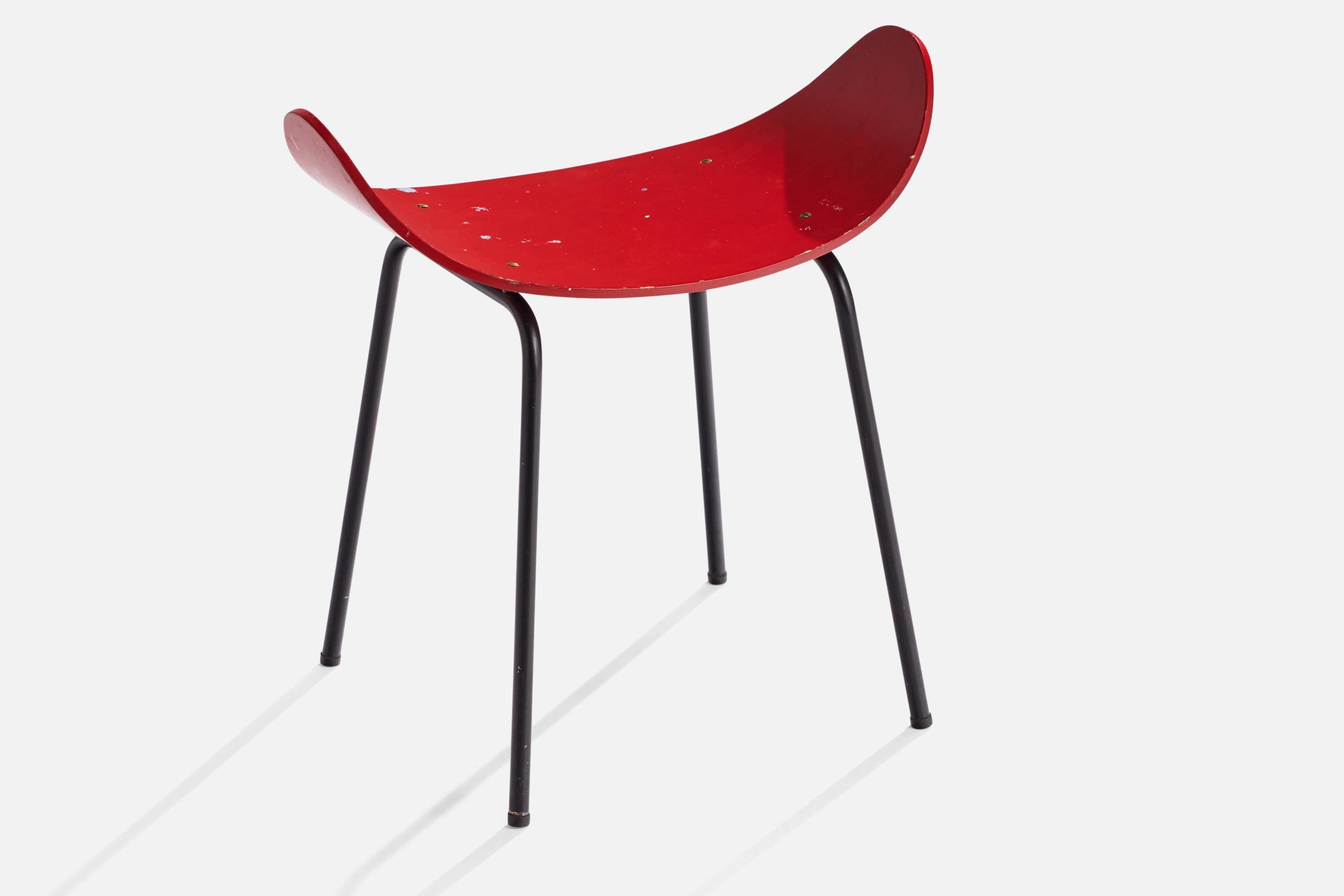 A moulded red-painted plywood and black-lacquered metal stool designed by Olof Kettunen and produced by J. Merivaara Oy, Finland, 1950s

Seat height 16”.