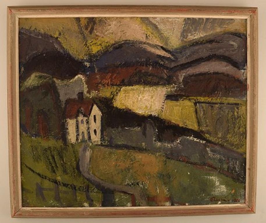 Olof Larsen, Sweden. Oil on canvas. Abstract modernist landscape. Dated 1955.
The canvas measures: 53.5 x 44.5 cm.
The frame measures: 3.5 cm.
Signed.
In excellent condition.