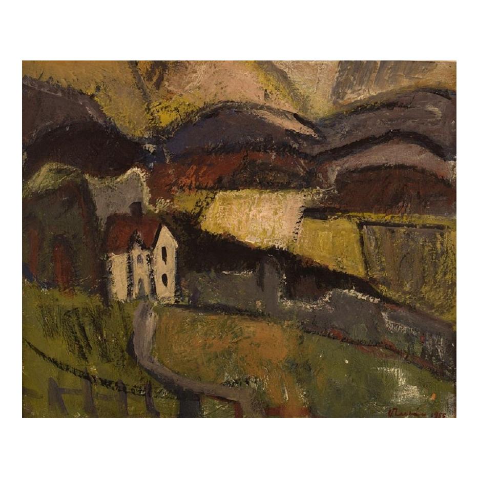 Olof Larsen, Sweden, Oil on Canvas, Abstract Modernist Landscape, Dated 1955