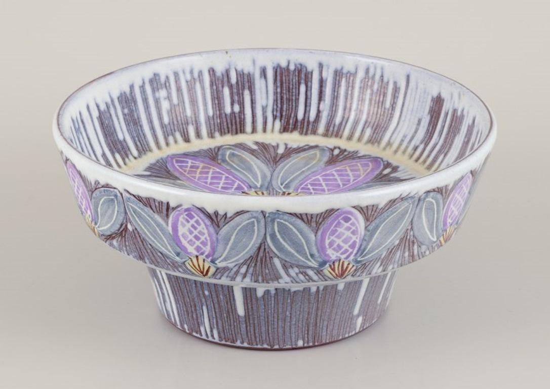 Scandinavian Modern Olof Larsson for Laholm. Ceramic bowl with polychrome glaze and floral motif For Sale