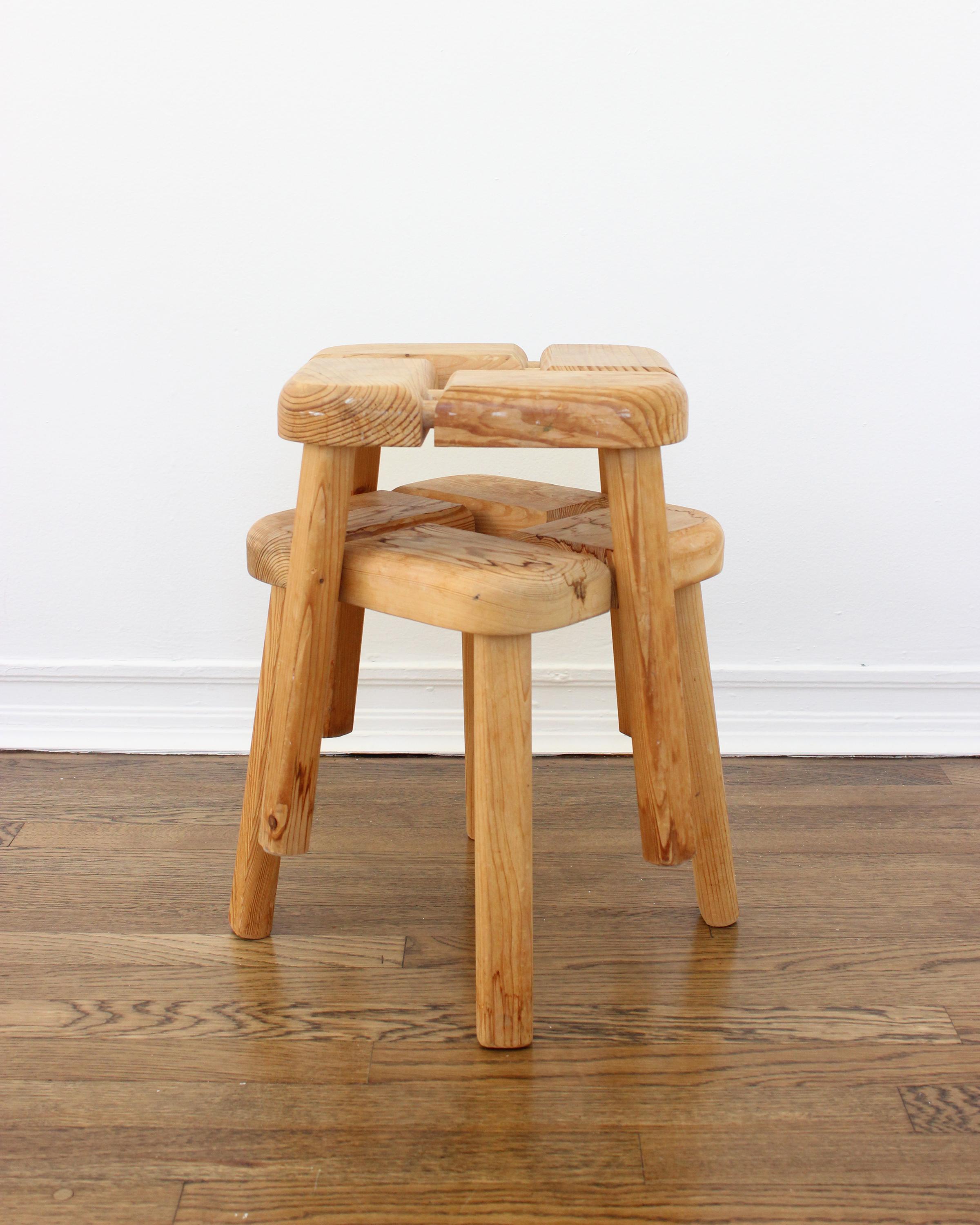 Pair of stools in sculpted and joined solid pine with revealed joinery. Design attributed to Olof Ottelin, produced in Finland, 1960s.

Other designers of the period include Lisa Johansson-Pape, Axel Einar Hjorth, Pierre Chapo, and Charlotte