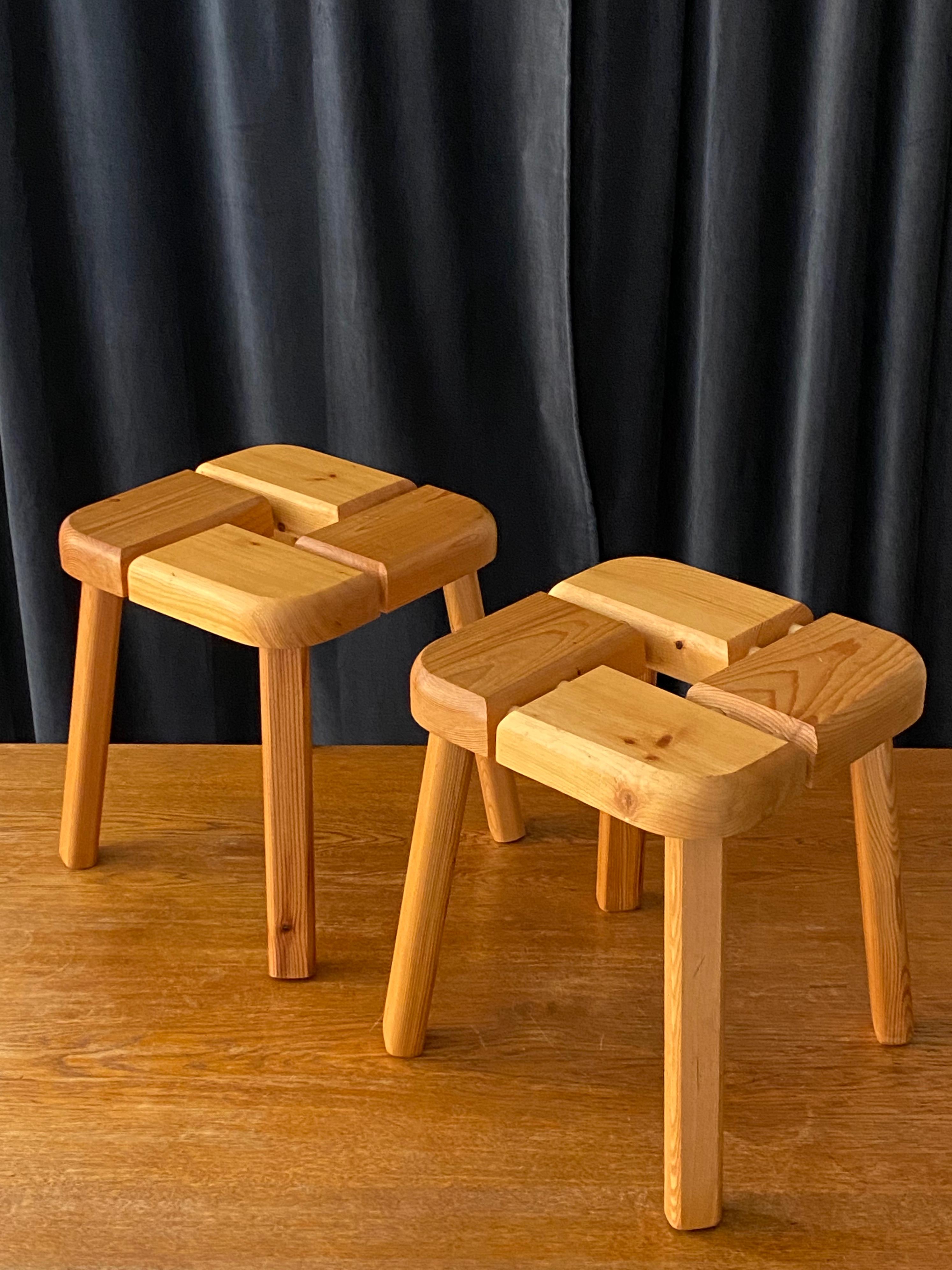A pair of stools in sculpted and joined solid pine, features beautiful revealed joinery. Design attributed to Olof Ottelin, produced in Finland, 1960s.

Other designers of the period include Lisa Johansson-Pape, Axel Einar Hjorth, Pierre Chapo,