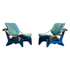 Olof Ottelin, Lounge Chairs, Wood, Leather, Fabric, Finland, 1960s