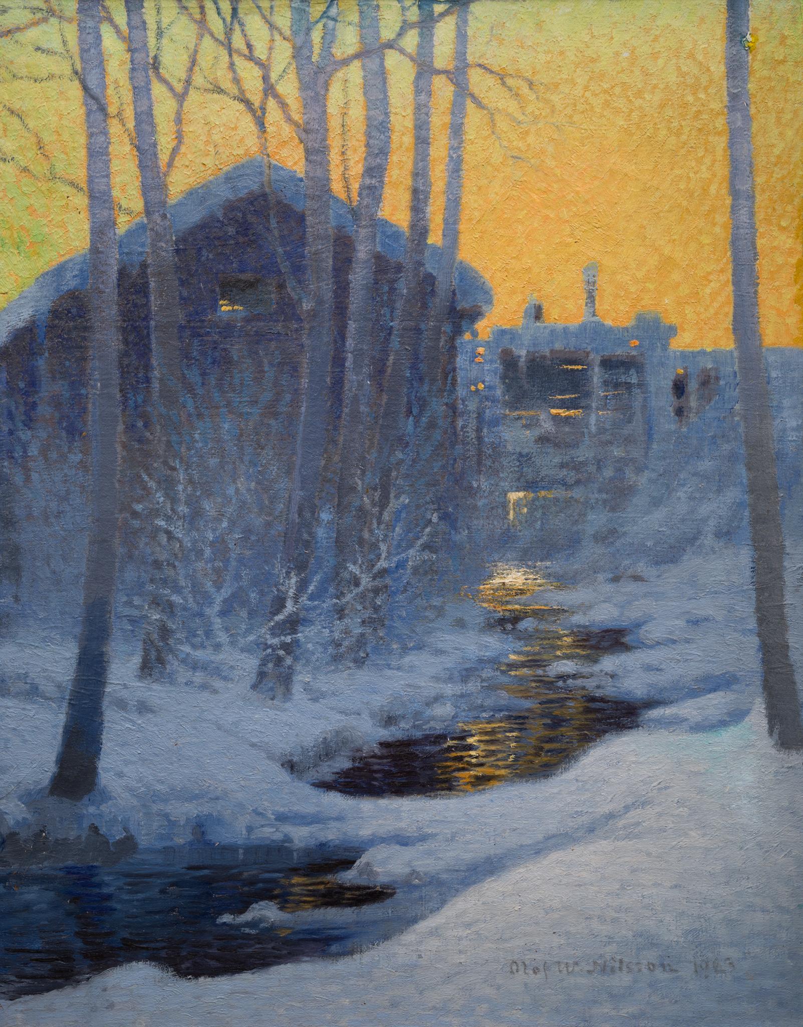 Our painting "Winter Evening at the Mill," created by the Swedish painter Olof Walfrid Nilsson, offers a serene and evocative depiction of a winter landscape. Born on October 12, 1868, in Norra Råda socken, Värmland, and passing away on February 23,