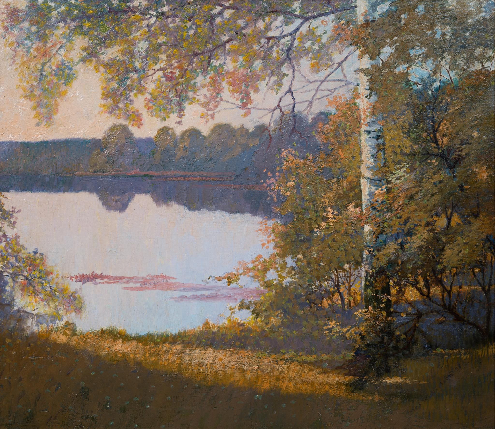 Autumn Landscape by the Lake (1935) - Romantic Painting by Olof Walfrid Nilsson