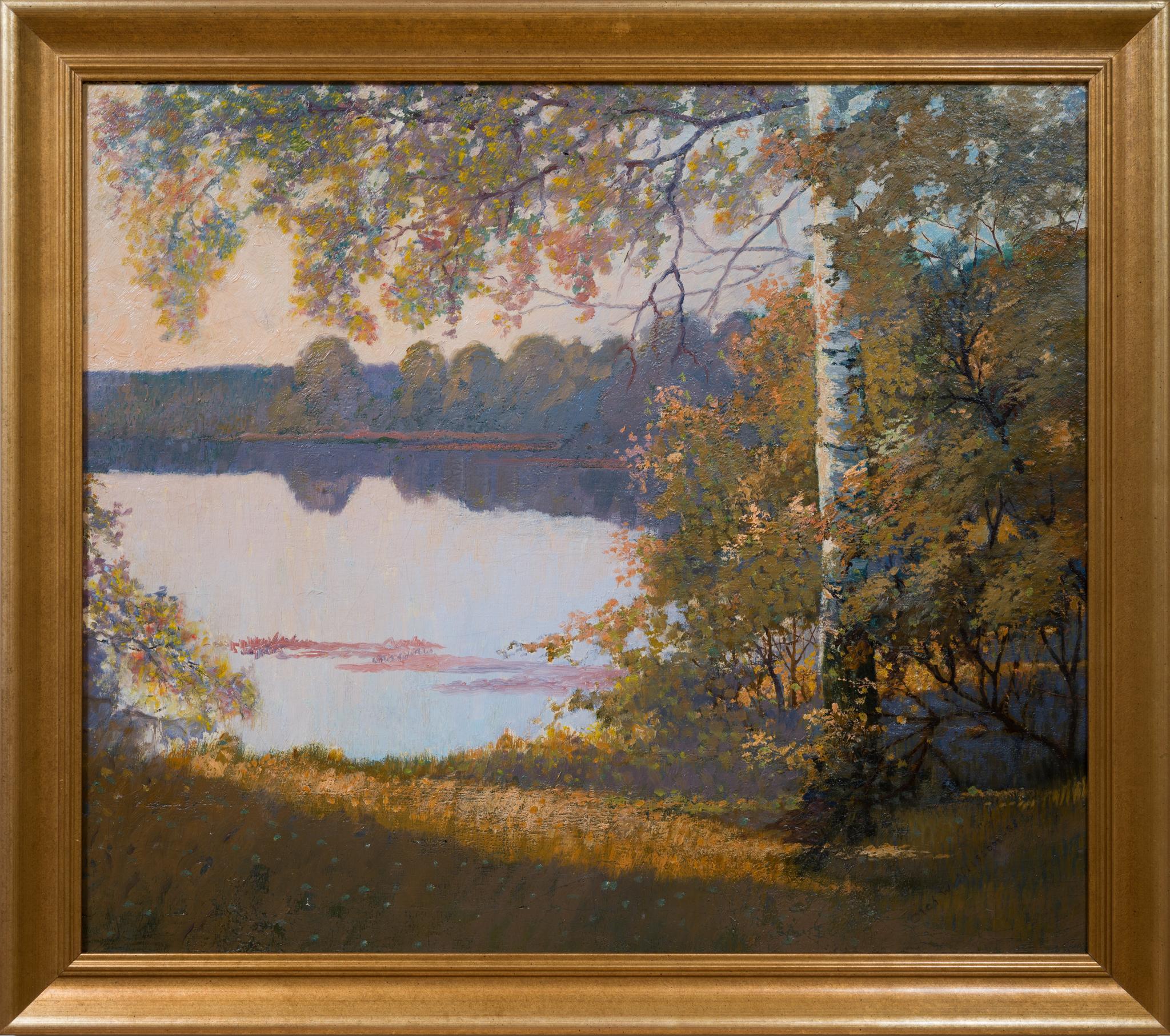 Autumn Landscape by the Lake (1935) - Brown Landscape Painting by Olof Walfrid Nilsson