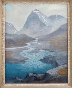 Glacier Mountain Landscape with River, Signiertes Öl auf Leinwand
