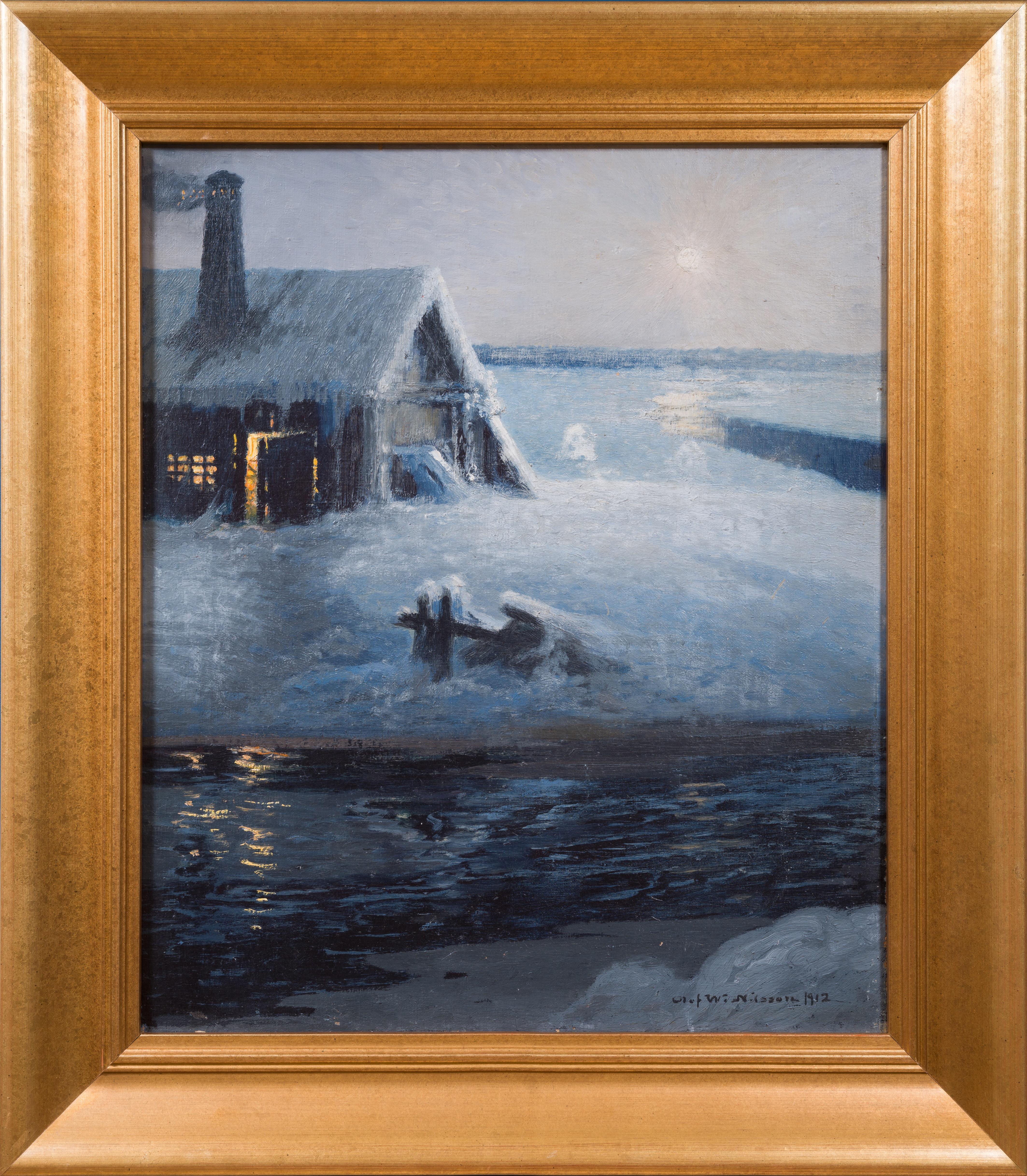 Olof Walfrid Nilsson Figurative Painting - Winter Scene by the Water, 1912