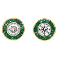 Colombian Emerald Round Diamond Platinum Bezel Halo Stud Earrings