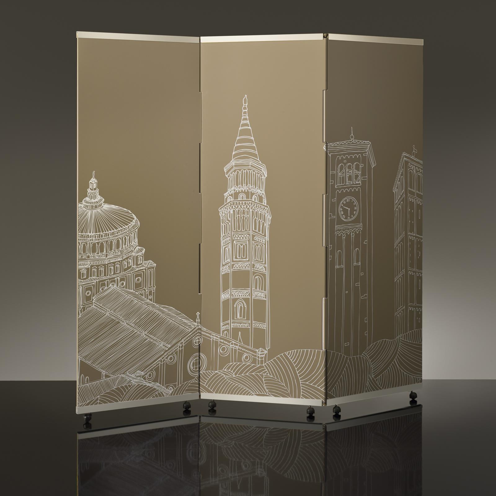 Part of the Oltre il Paesaggio collection of screens with printed drawings by Anna Sutor, this striking piece is inspired by the city of Milan and its historic monuments and iconic landscapes. Composed of three hinged wooden panels with a taupe