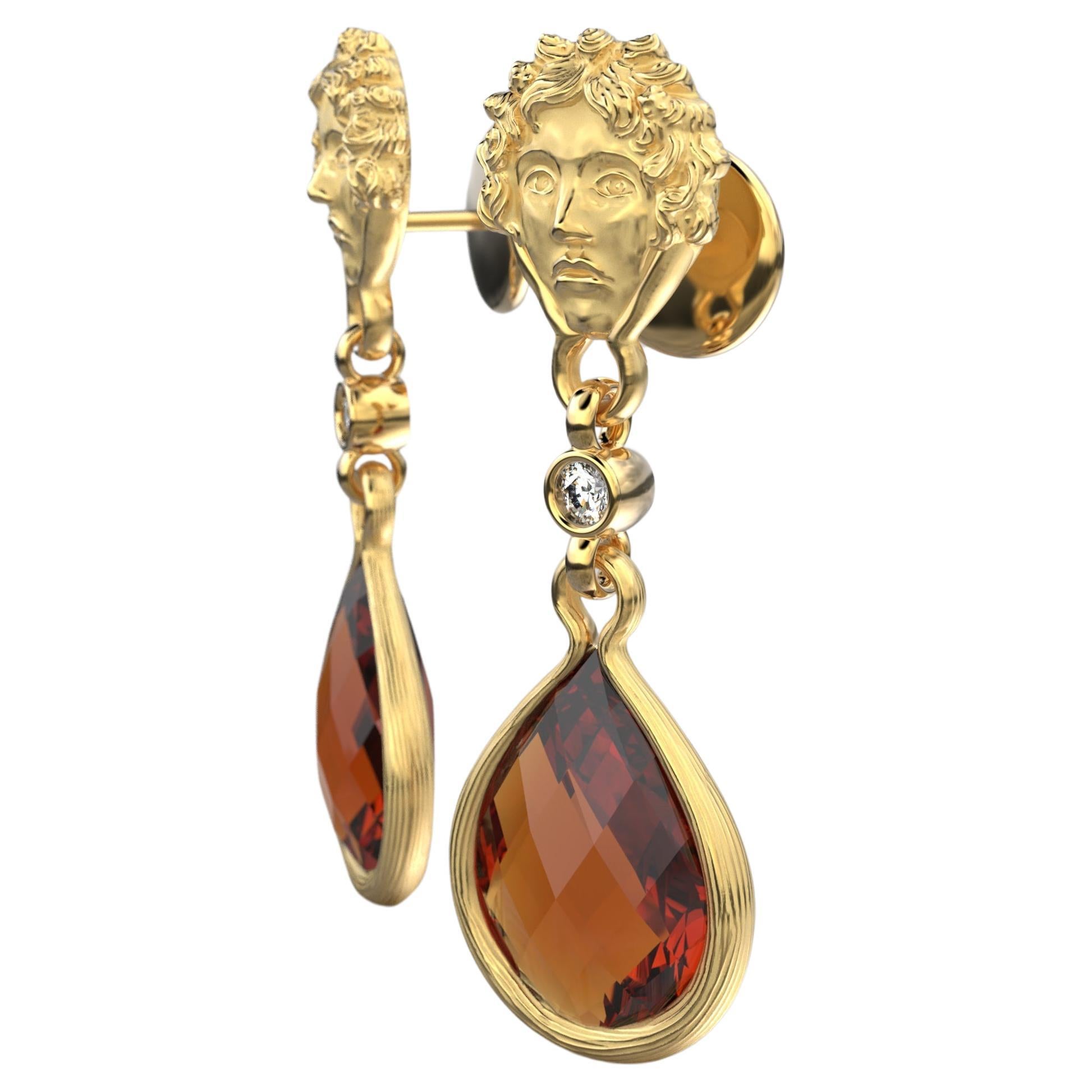 Oltremare Gioielli 14k Gold Madeira Citrine and Diamond Dangle Drop Earrings  For Sale