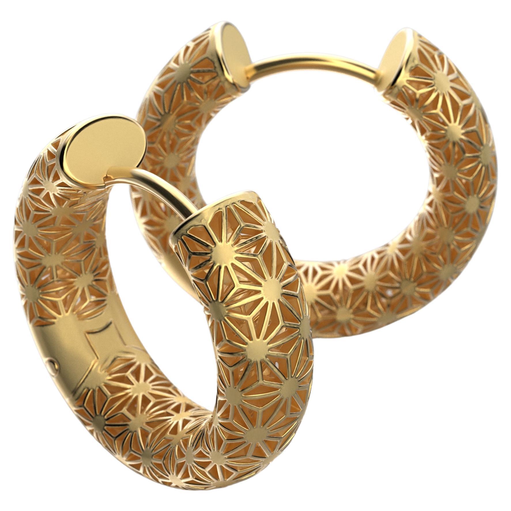 Experience timeless elegance with our only made to order meticulously crafted Italian Gold Hoop Earrings. Handcrafted in Italy, each hoop features a delicate Sashiko pattern design inspired by Japanese embroidery, adding an artistic flair to your