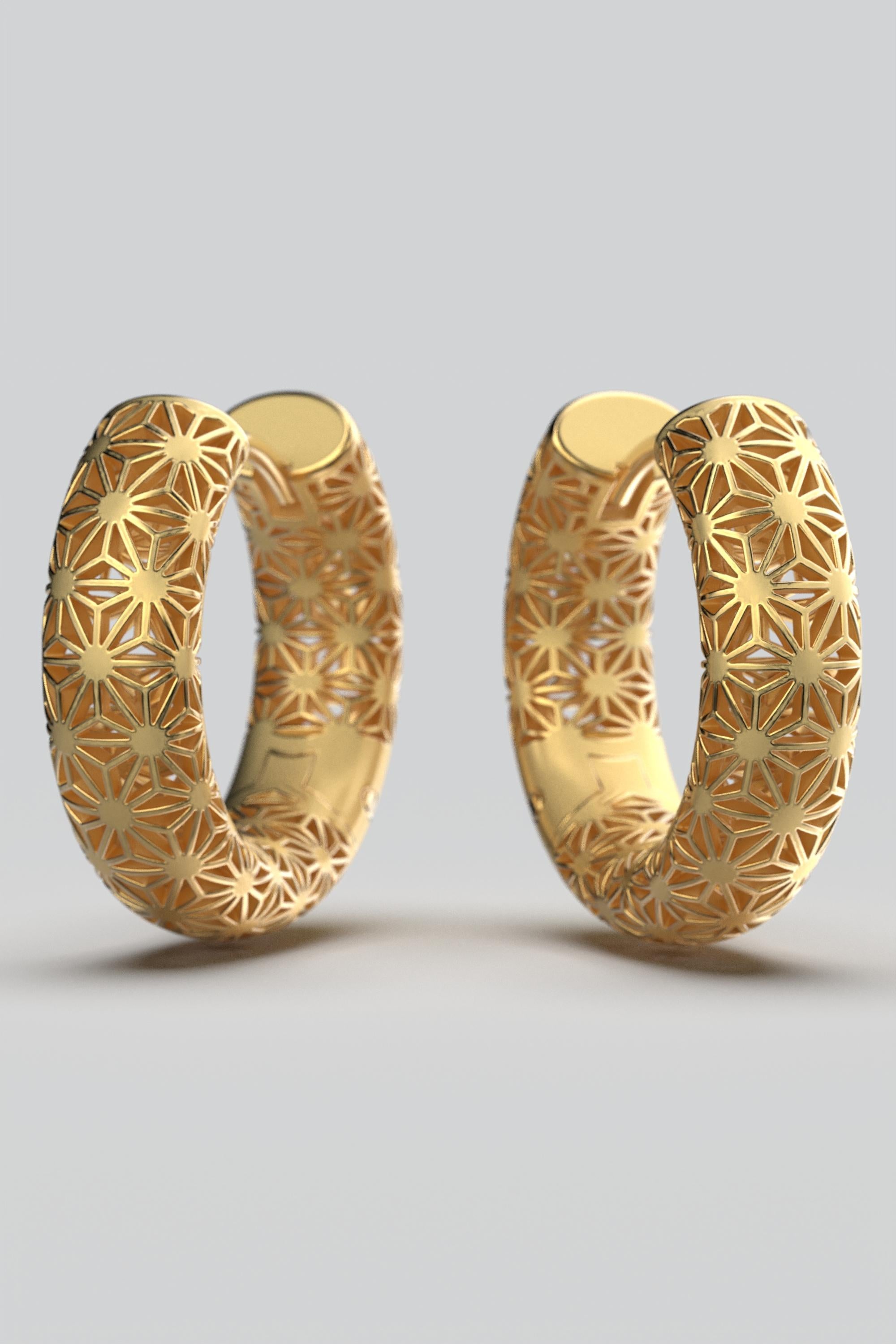 Modern  Oltremare Gioielli 14K Italian Gold Hoop Earrings - Sashiko Japanese Pattern  For Sale