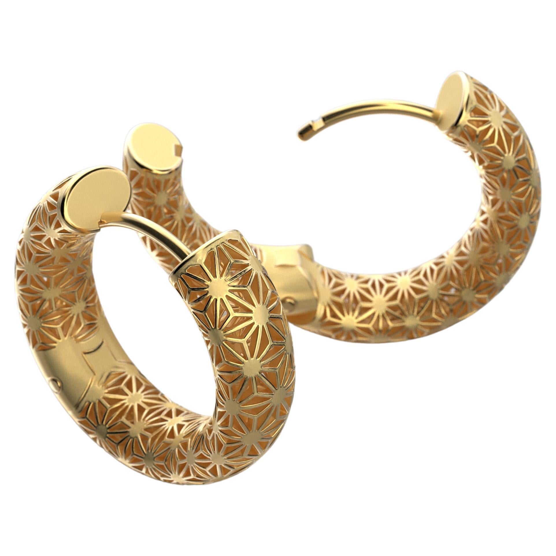  Oltremare Gioielli 14K Italian Gold Hoop Earrings - Sashiko Japanese Pattern  For Sale