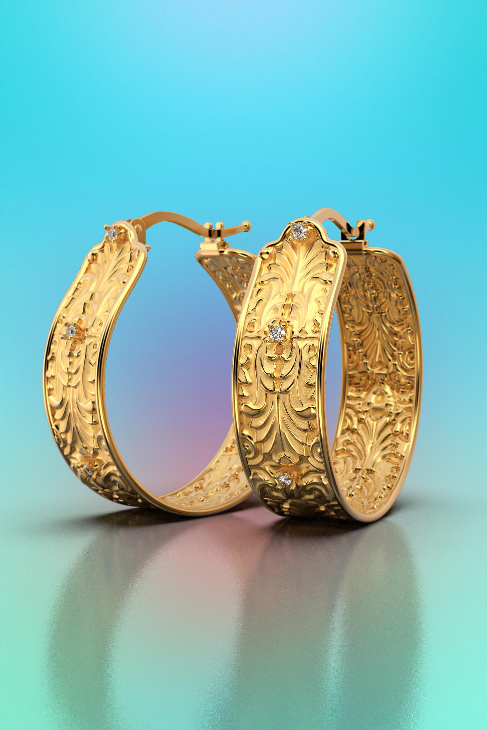Barocke Ohrringe mit natürlichen Diamanten G VS aus poliertem und rohem massivem 14-karätigem Gold auf Bestellung. 
Die Ohrringe werden mit einem zuverlässigen Schnappverschluss gesichert.
Größe: 27 mm x 27 mm x 9 mm groß
Edelsteine : 6 natürliche