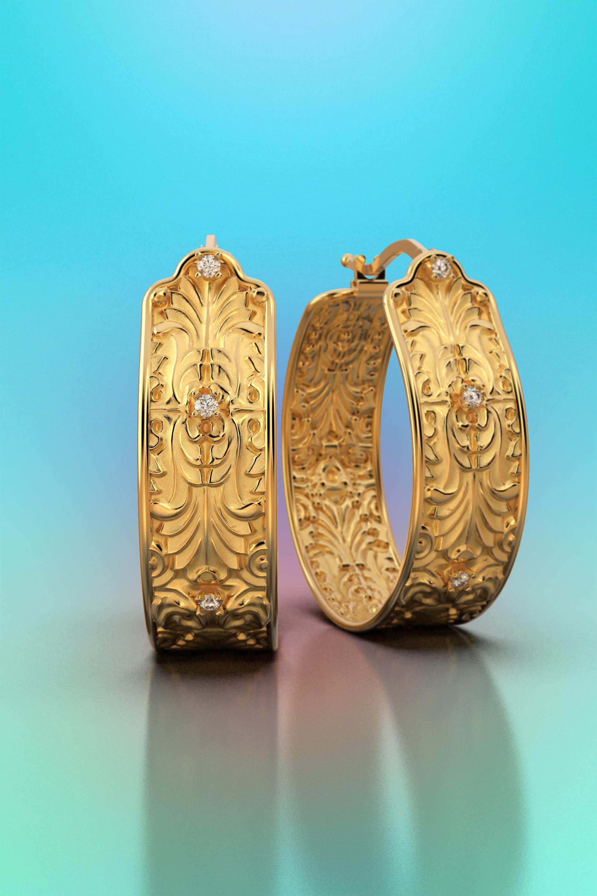 Brilliant Cut Oltremare Gioielli Baroque Hoop Earrings in 14k Gold with natural Diamonds For Sale