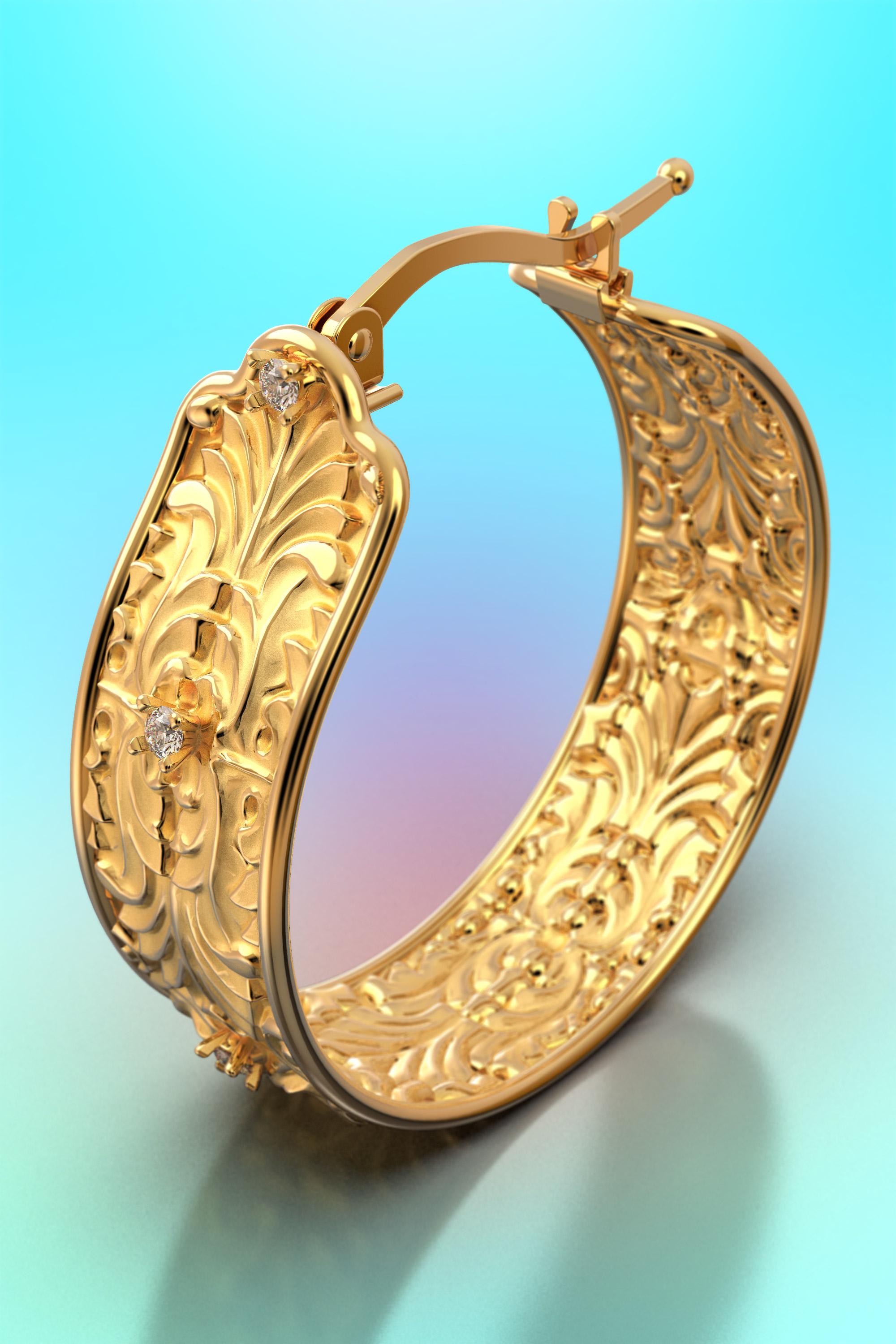Oltremare Gioielli Baroque Hoop Earrings in 14k Gold with natural Diamonds For Sale 3