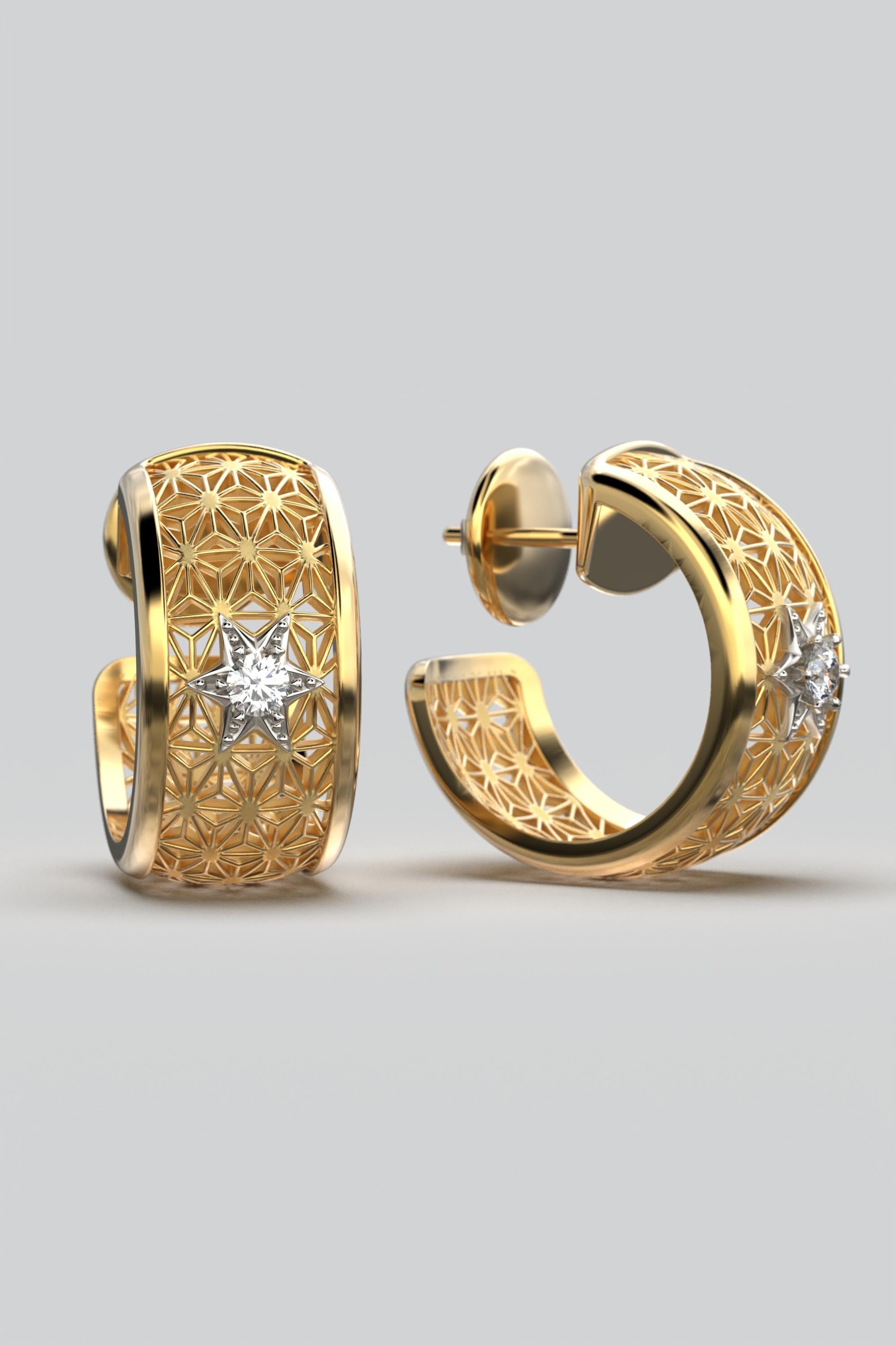 Indulge in Italian craftsmanship with our made to order stunning 14k Gold Open Hoop Earrings. Expertly crafted in two luxurious gold tones, these earrings boast a mesmerizing Japanese Sashiko star pattern, accentuated by two natural 3mm diamonds