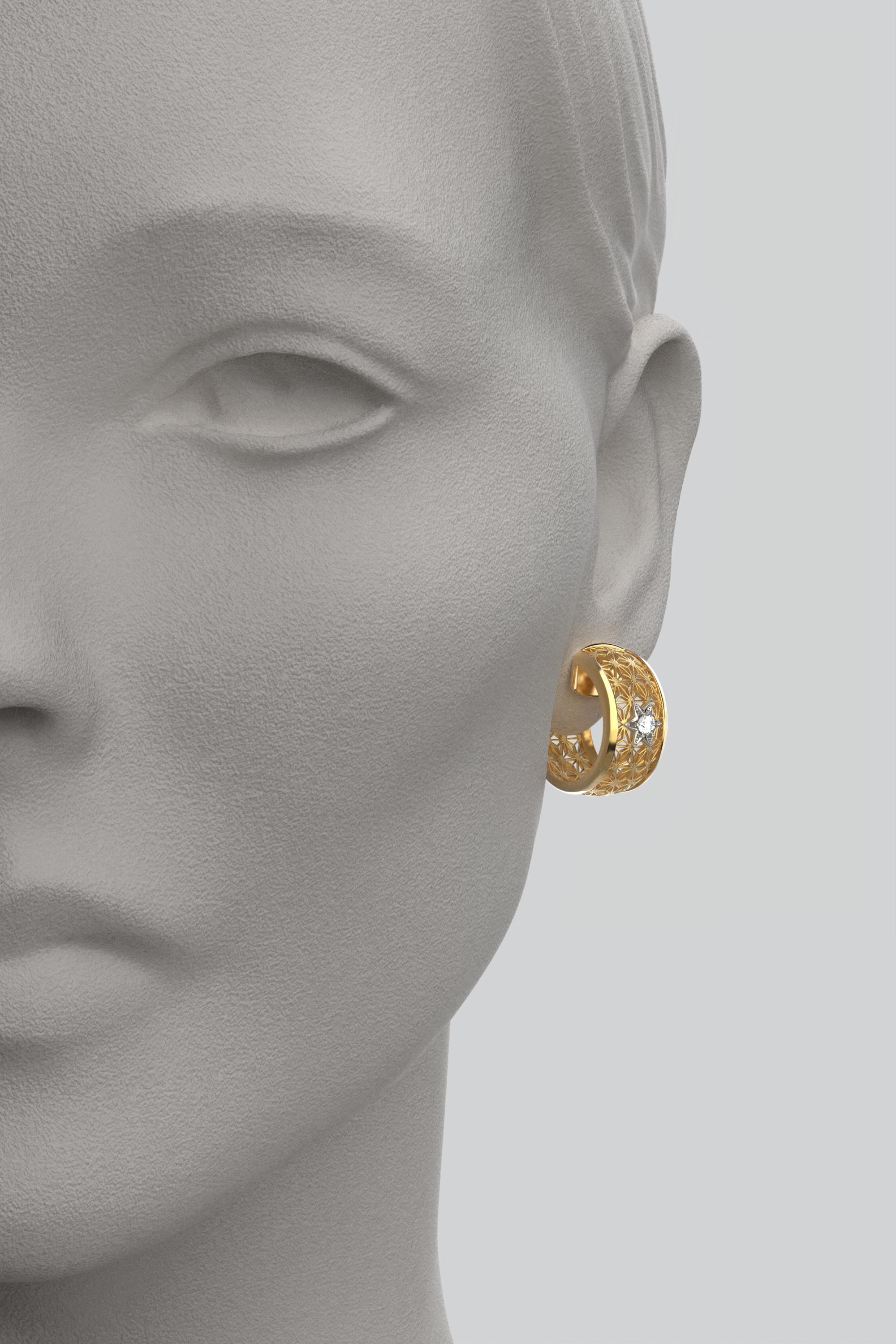 Women's Oltremare Gioielli Diamond Hoop Earrings 14k Gold Made in Italy, Sashiko Pattern For Sale