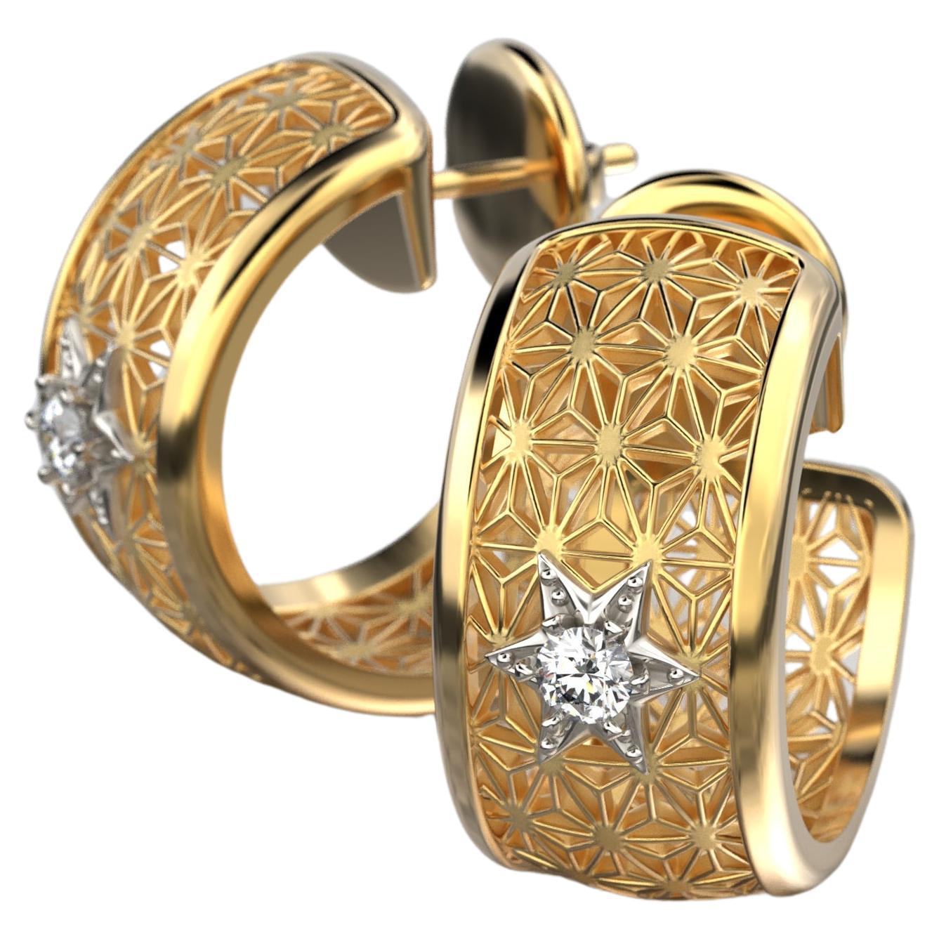 Oltremare Gioielli Diamond Hoop Earrings 14k Gold Made in Italy, Sashiko Pattern