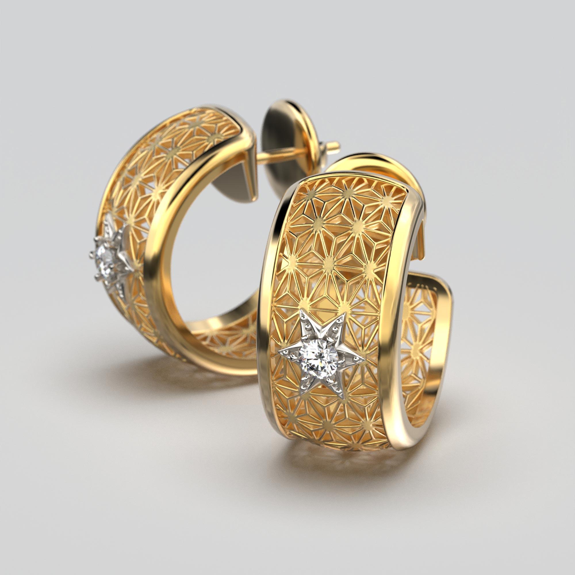 Indulge in Italian craftsmanship with our made to order stunning 18k Gold Open Hoop Earrings. Expertly crafted in two luxurious gold tones, these earrings boast a mesmerizing Japanese Sashiko star pattern, accentuated by two natural 3mm diamonds