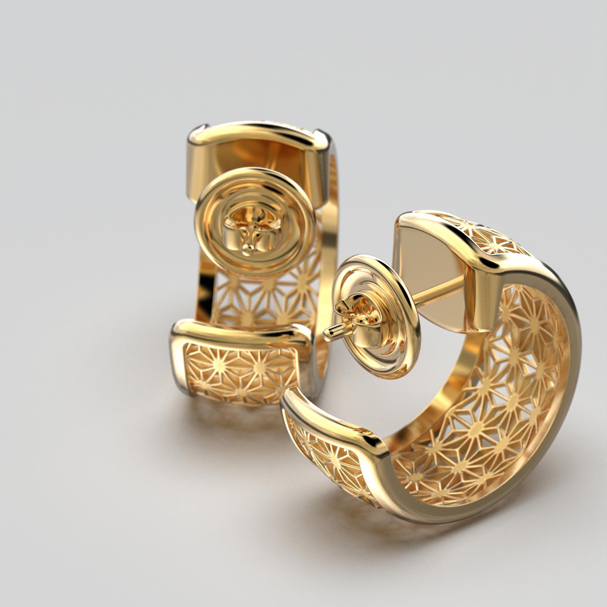 Modern Oltremare Gioielli Diamond Hoop Earrings 18k Gold Made in Italy, Sashiko Pattern For Sale