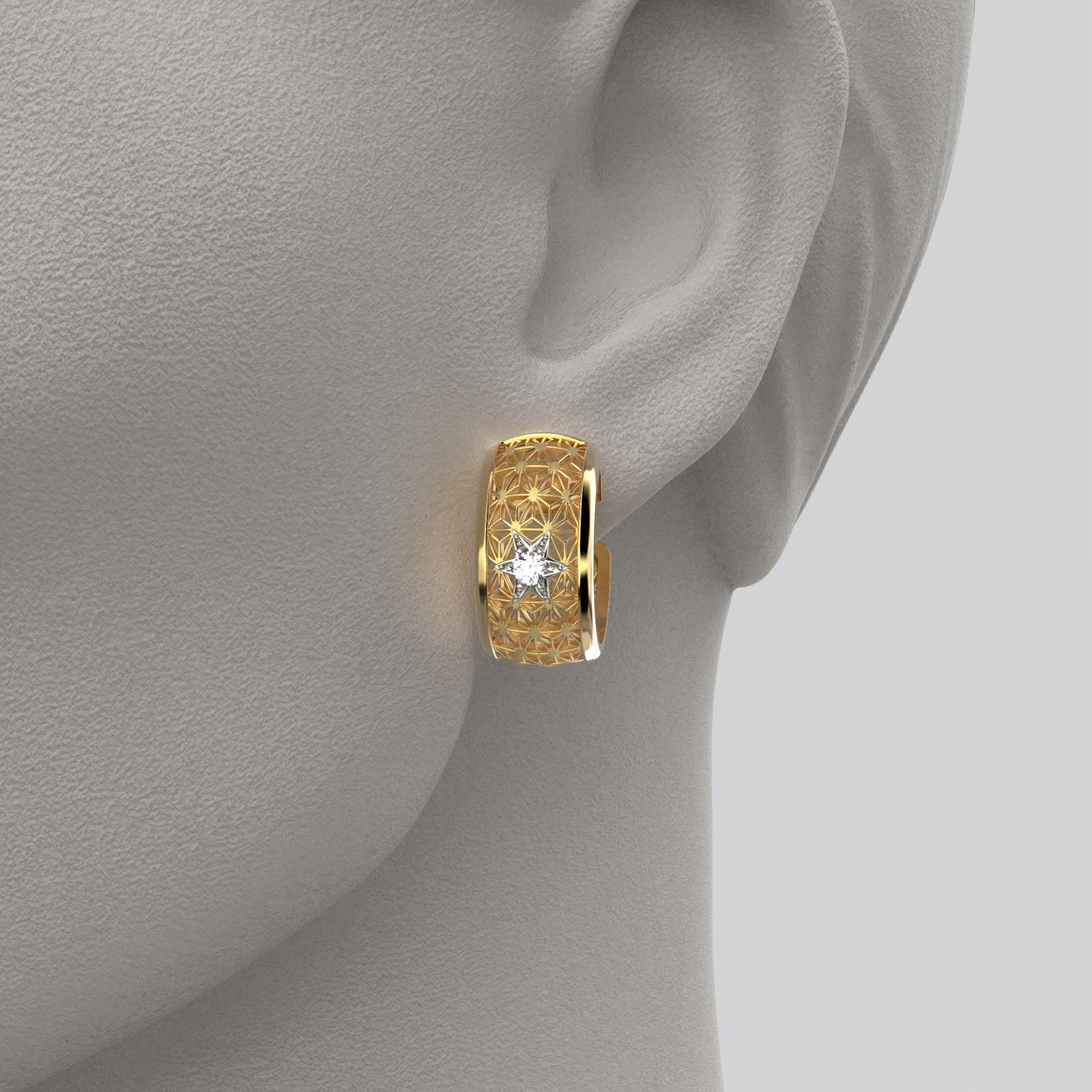 Brilliant Cut Oltremare Gioielli Diamond Hoop Earrings 18k Gold Made in Italy, Sashiko Pattern For Sale