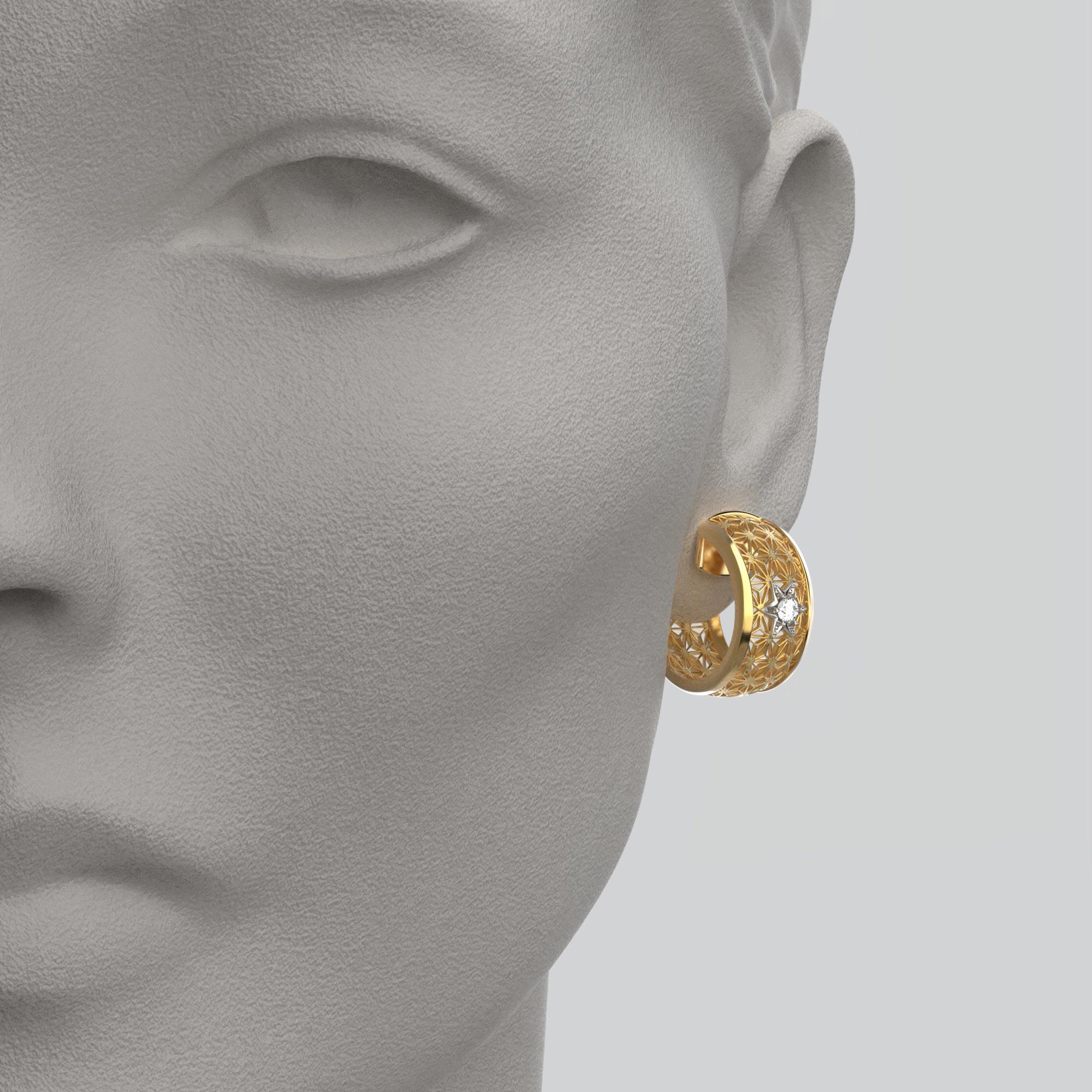 Women's Oltremare Gioielli Diamond Hoop Earrings 18k Gold Made in Italy, Sashiko Pattern For Sale