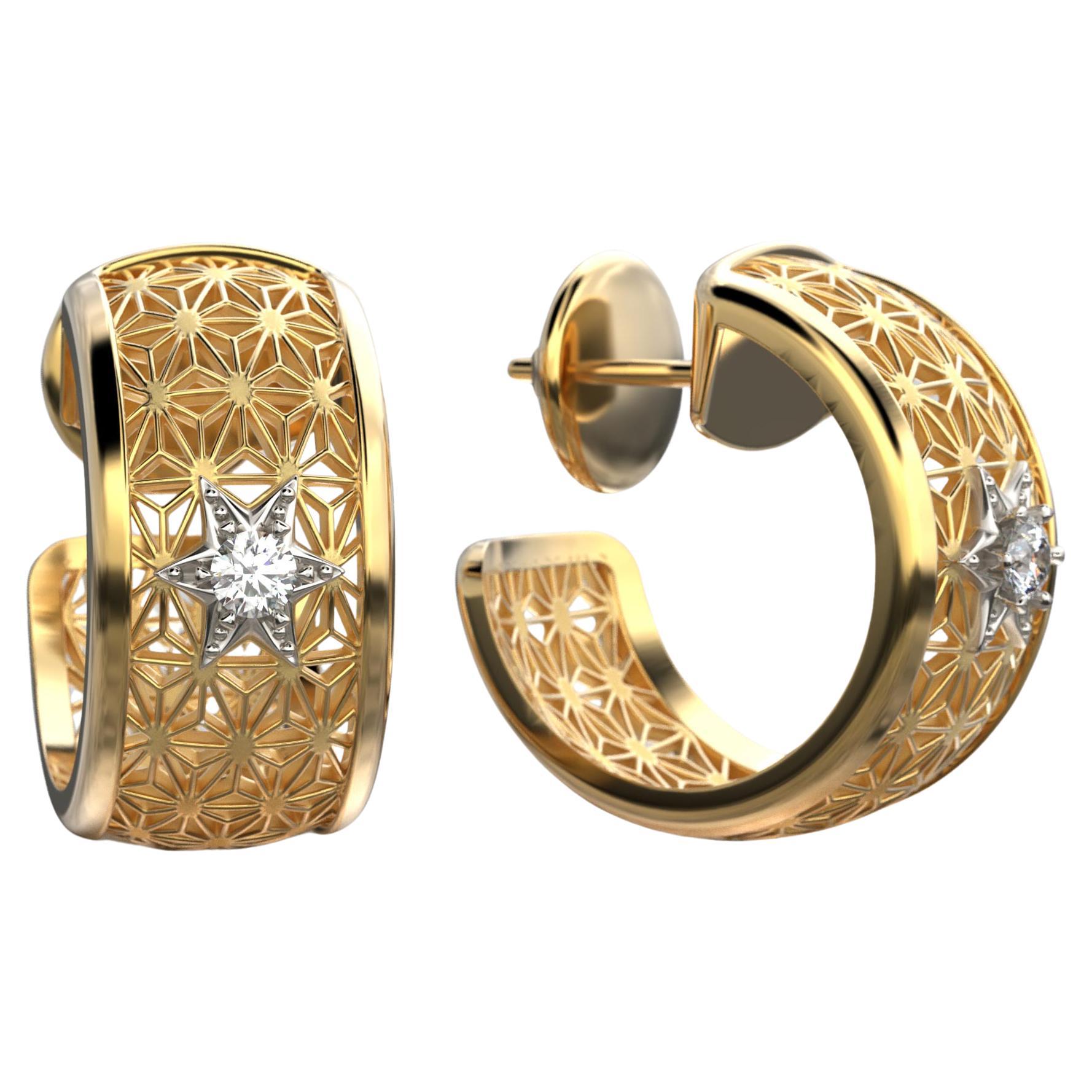 Oltremare Gioielli Diamond Hoop Earrings 18k Gold Made in Italy, Sashiko Pattern For Sale