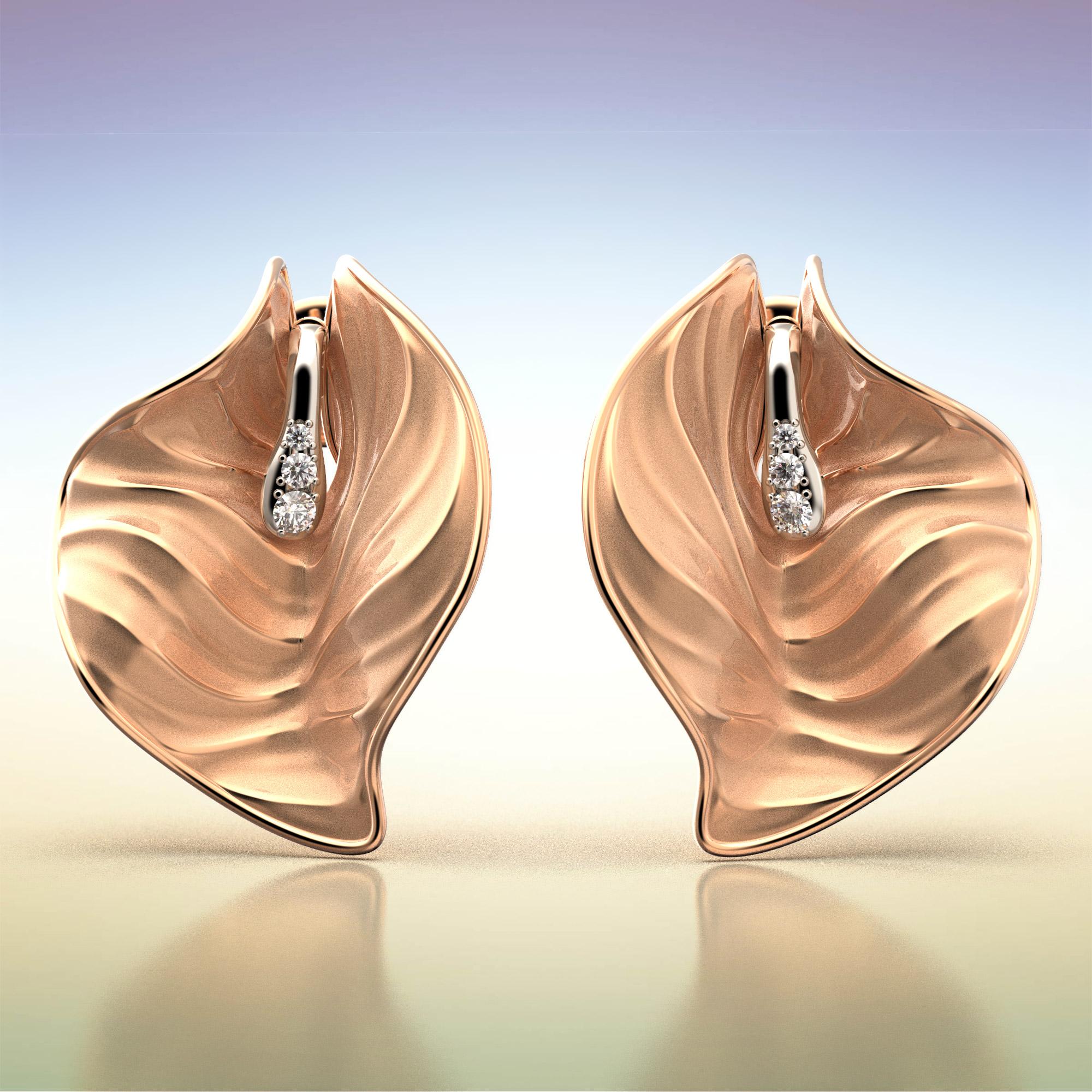 Calla earrings have an interplay of sinuous movements, embellished by the diamonds set on the pistil.
A sophisticated and unique piece of jewelry.  
Vento is a collection created to enhance feminine beauty with soft surface movements that dance like