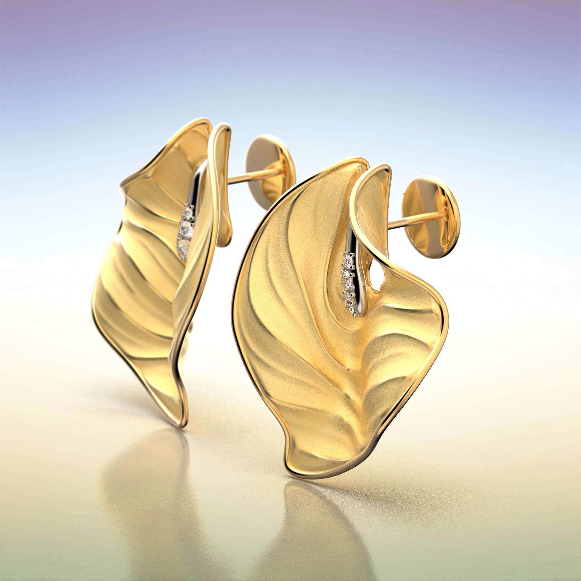 Contemporary Oltremare Gioielli Gold Earrings Made in Italy, 14k Gold Earrings with Diamonds For Sale