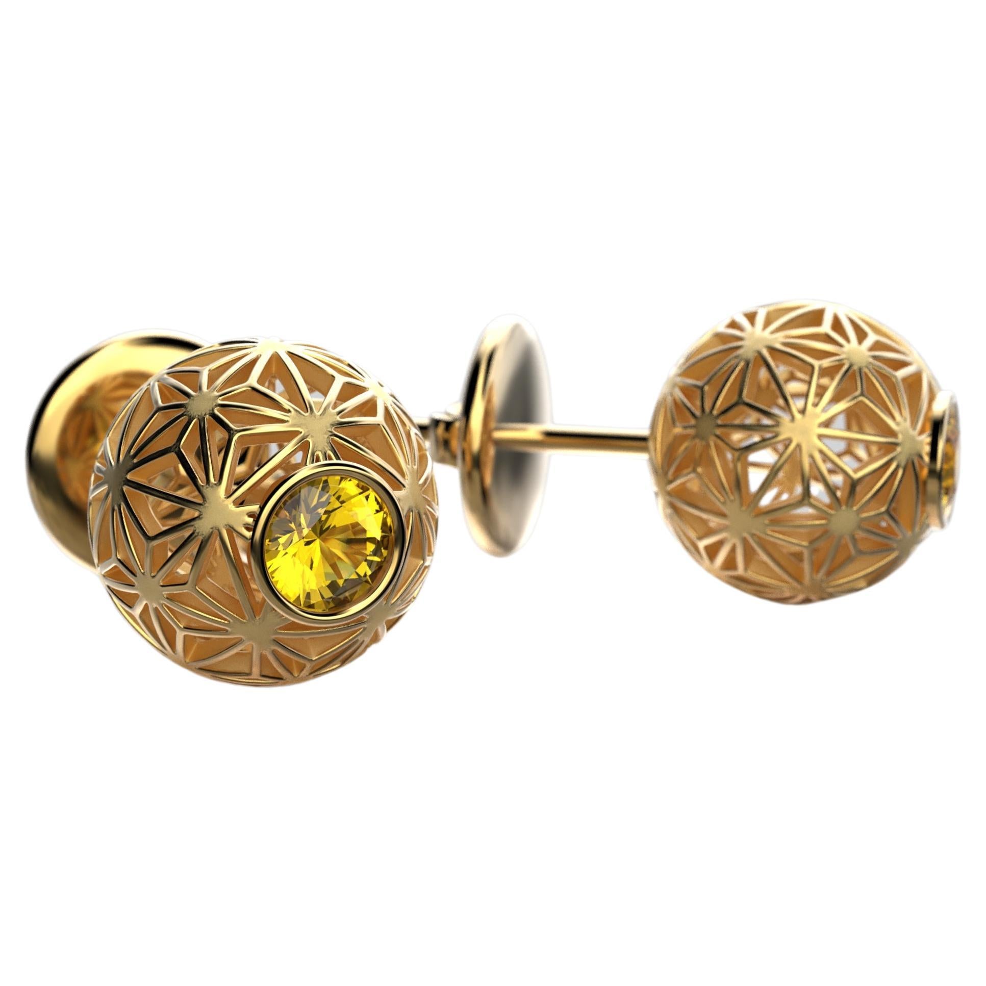 Discover timeless elegance with our made to order 14k gold earrings, adorned with natural 4 mm yellow sapphire. Featuring a charming spherical design and intricate Sashiko star pattern openwork, these earrings exude sophistication. Available in