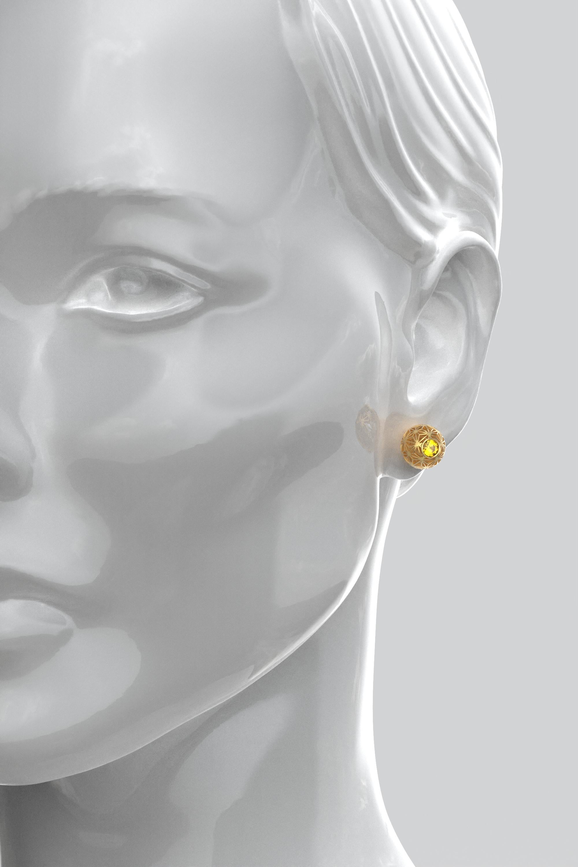 Brilliant Cut Oltremare Gioielli Yellow Sapphire 18k Gold Stud Earrings Sashiko Pattern For Sale