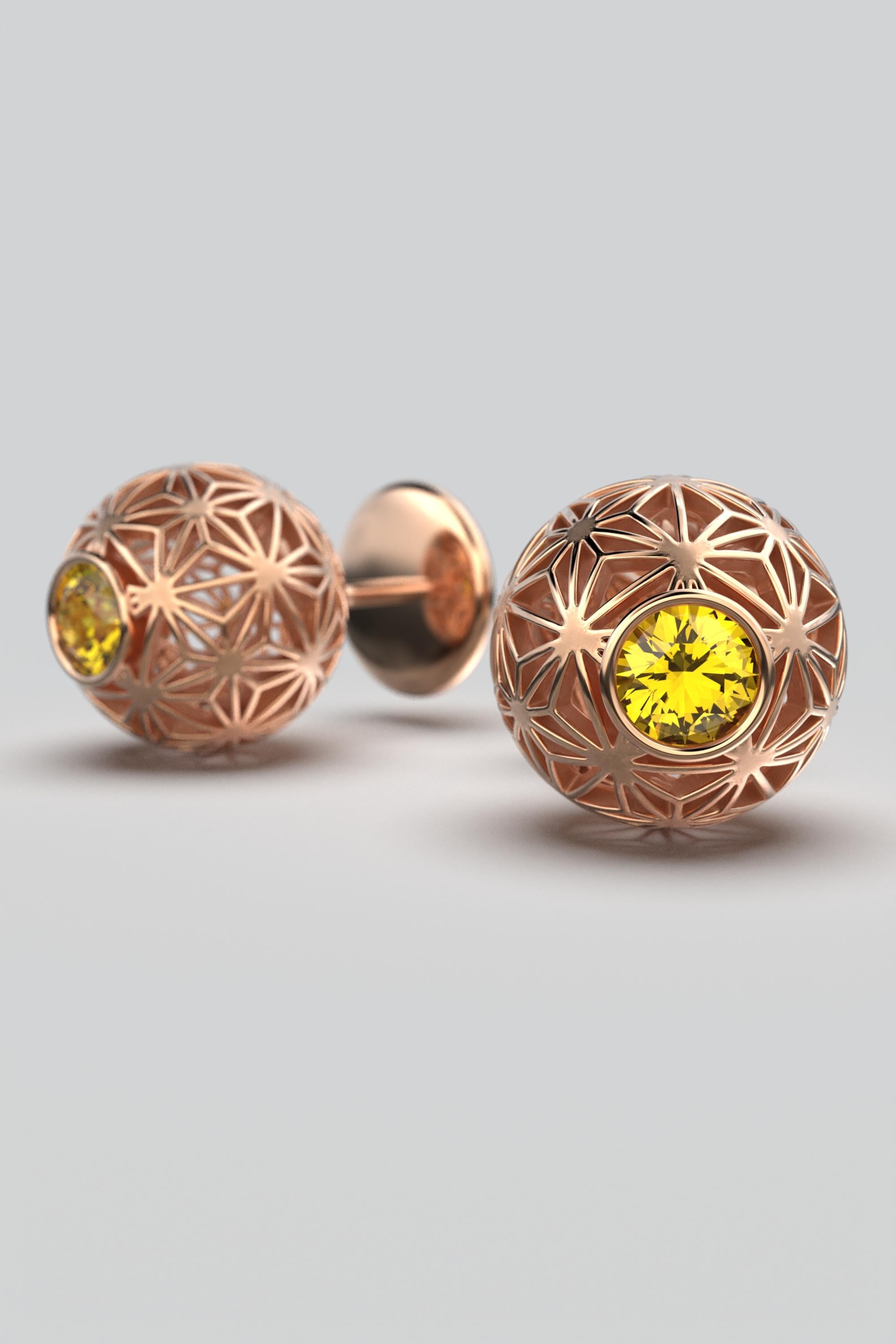 Women's Oltremare Gioielli Yellow Sapphire 18k Gold Stud Earrings Sashiko Pattern For Sale