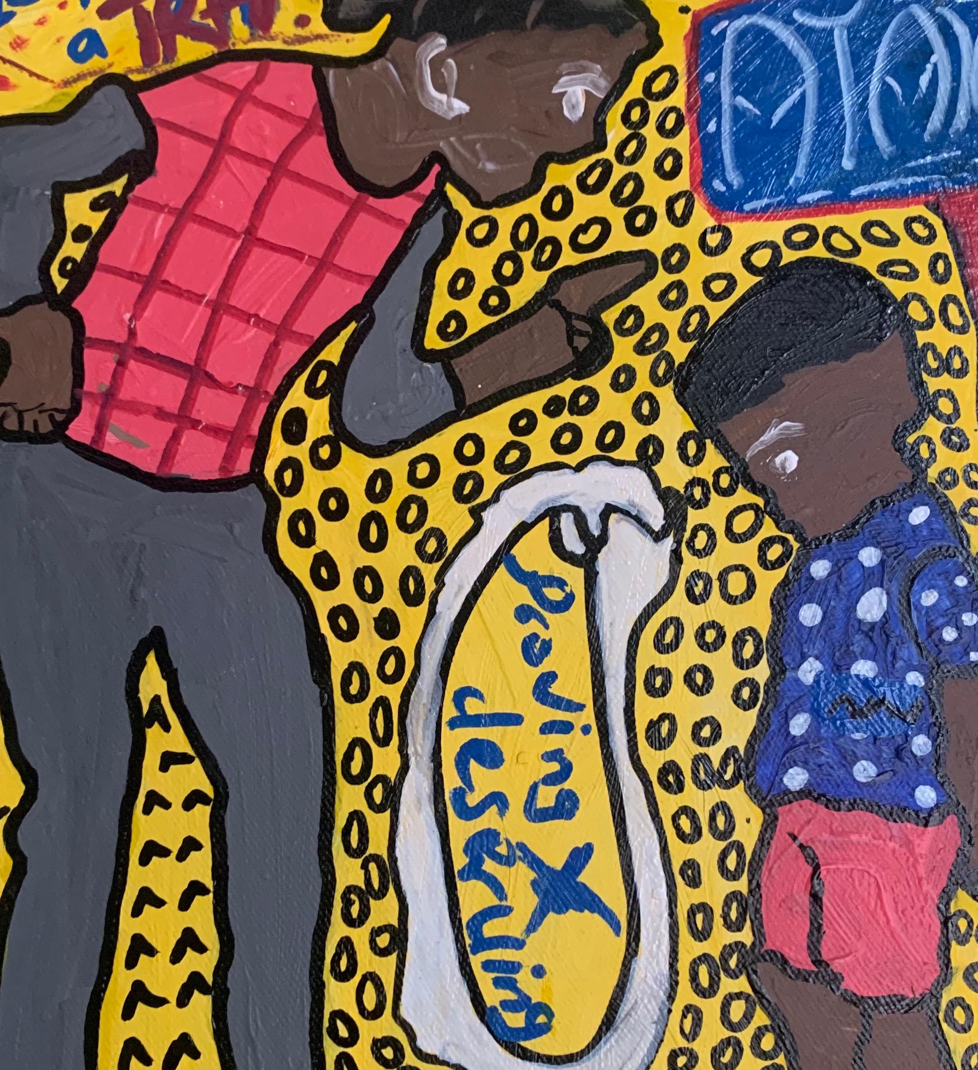 Ataxia -21st Century, Contemporary, Abstract, Pop Culture, Miniature People - Brown Abstract Painting by Olumide Ajayi