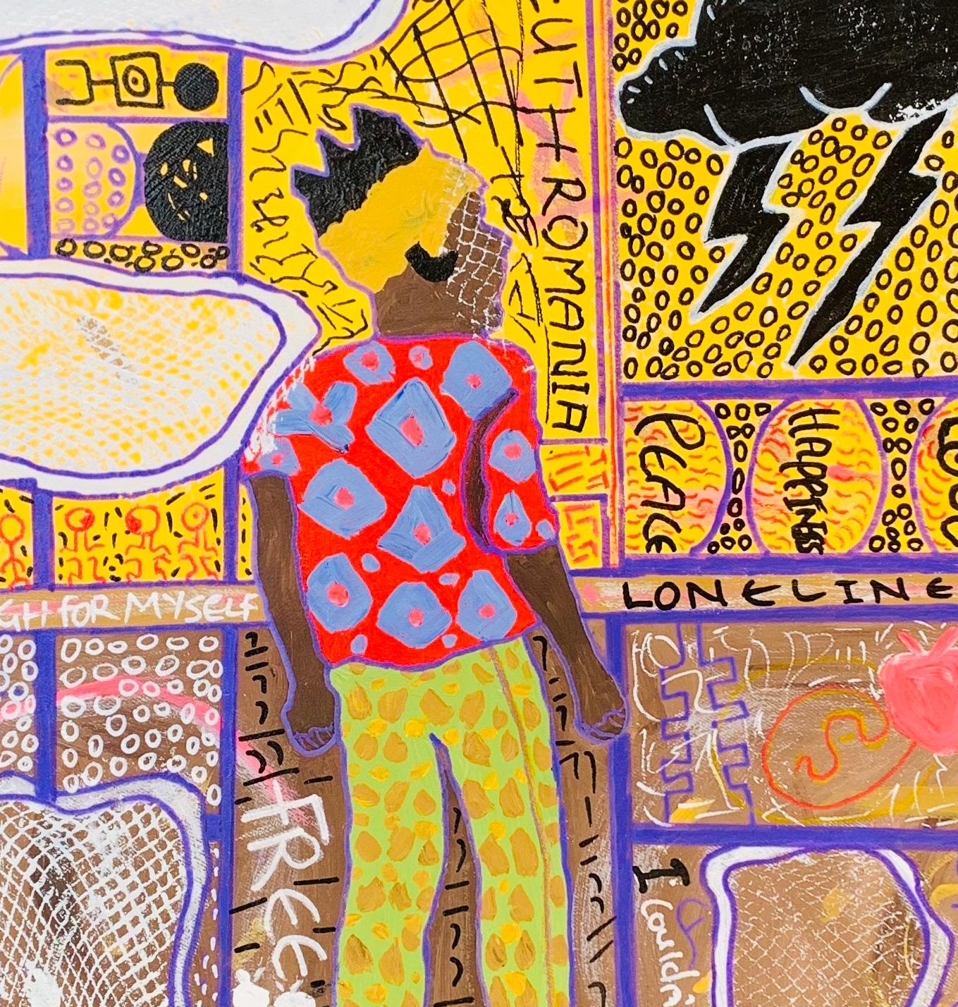 Eleutheromamia - 21st Century, Contemporary, Abstract Expression, Pop Culture - Beige Abstract Painting by Olumide Ajayi