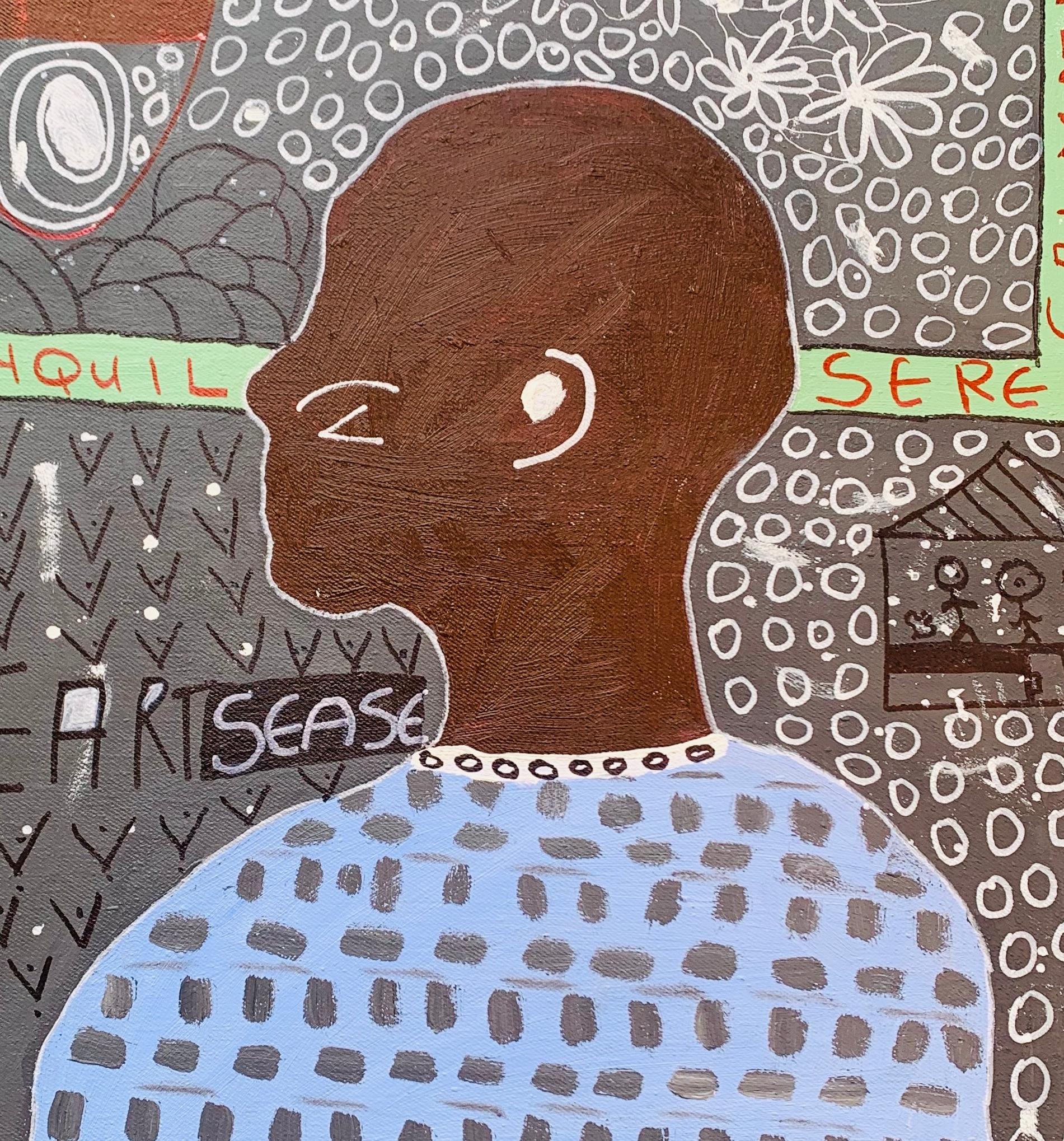 Heartsease - 21° Secolo, Contemporaneo, Astratto, Cultura Pop, Persone, Pace - Figurative Painting Grigio di Olumide Ajayi