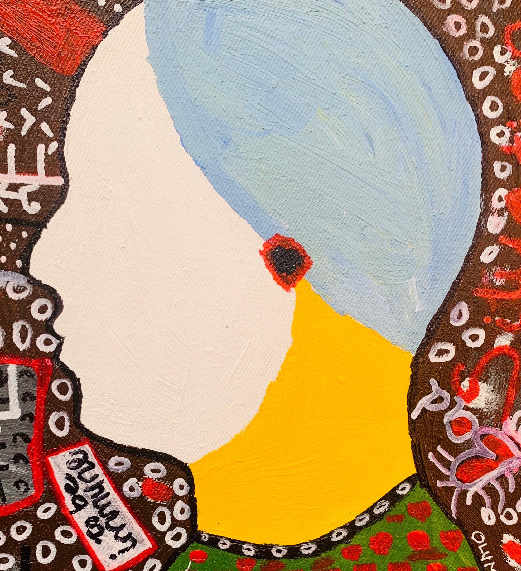 Inure -21st Century, Contemporary, Abstract, Pop Culture, Miniature, People - Beige Portrait Painting by Olumide Ajayi