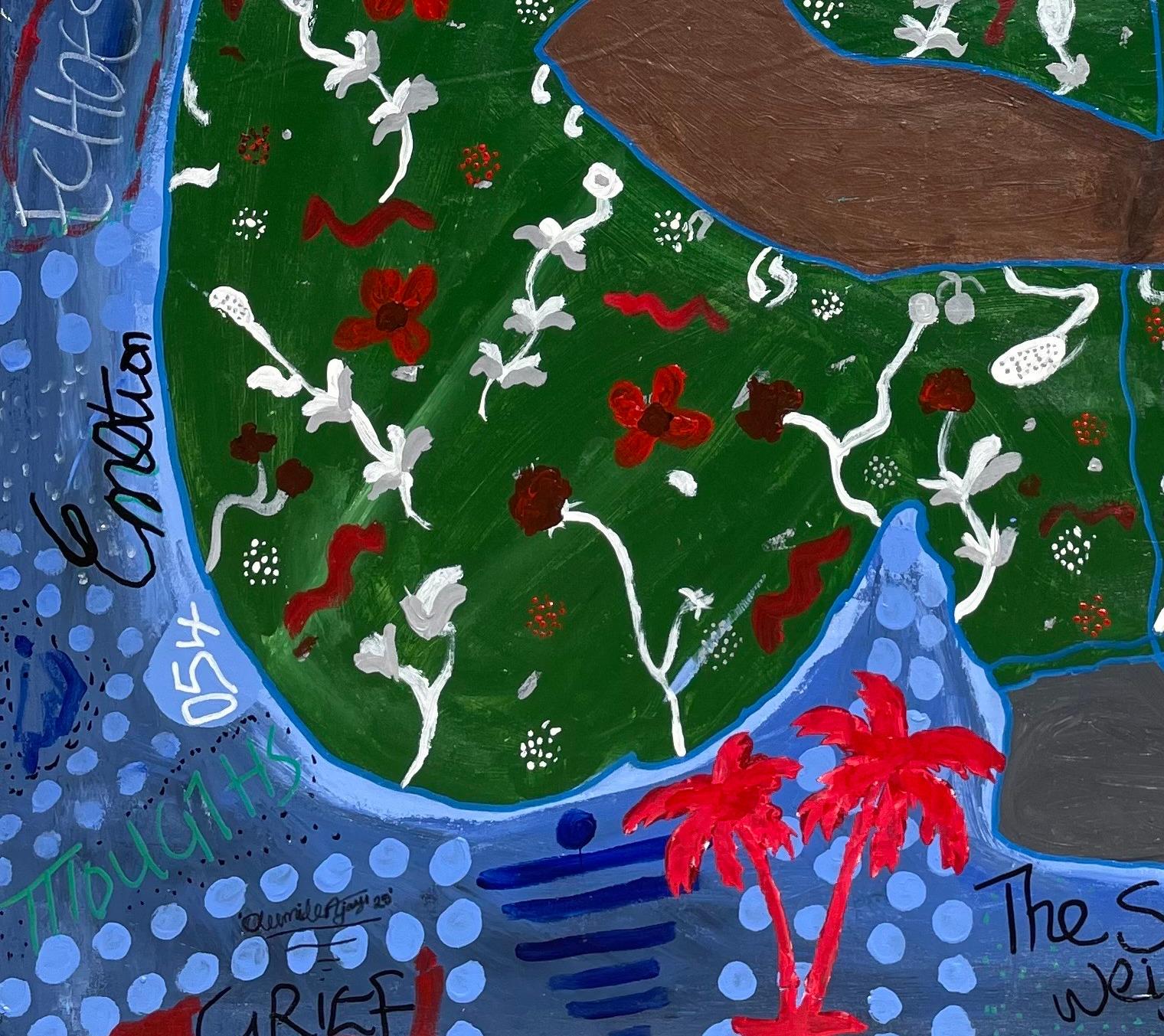 Cette peinture est mon aveu que j'ai vécu dans l'espace entre la croissance et le chagrin. Que je peux m'épanouir et me briser en même temps. Que je me suis sentie fragile, petite, cachée, mais que malgré tout, je reste. Pourtant, je me retiens.