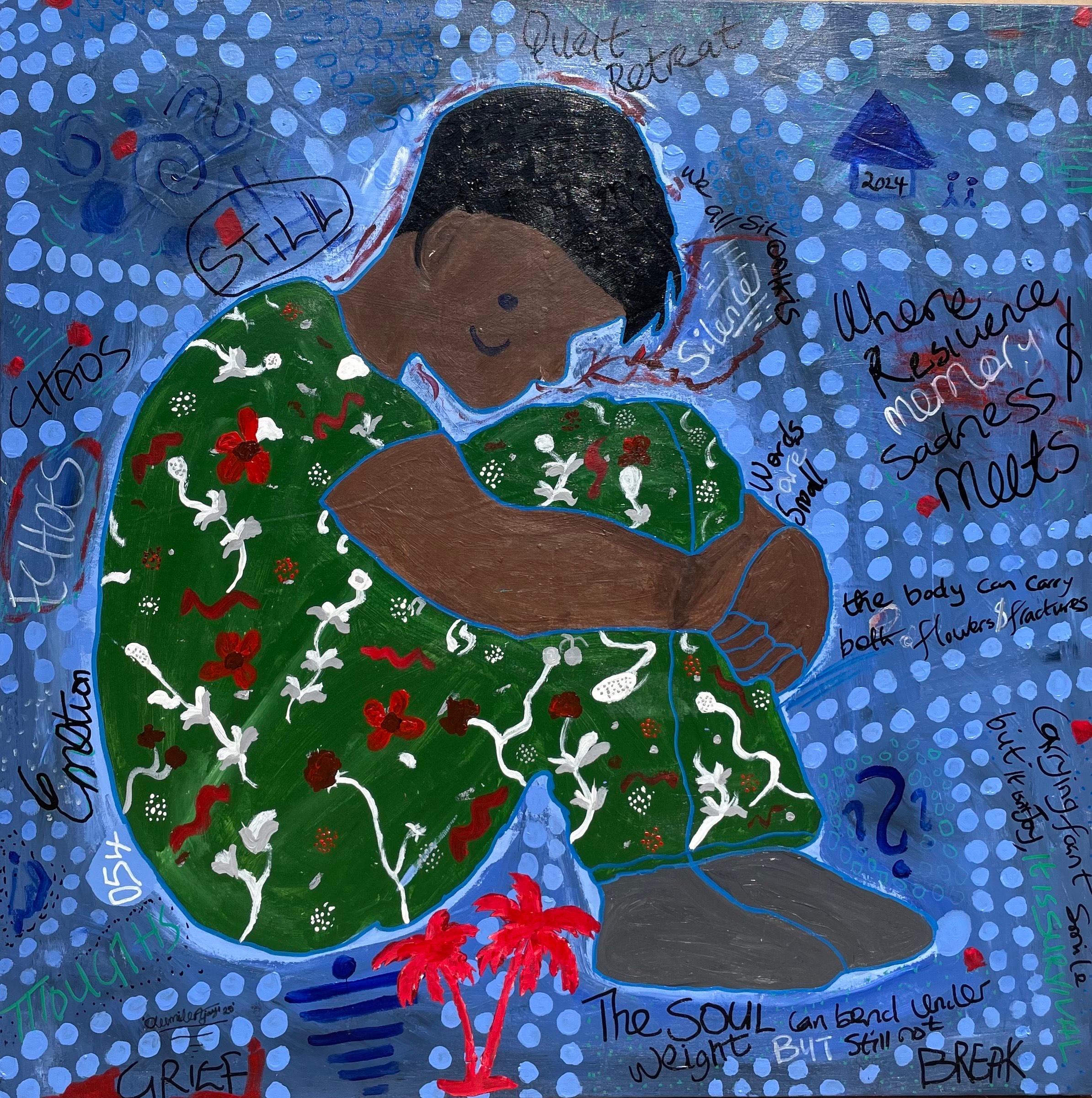 Abstract Painting Olumide Ajayi - Still -21e siècle, Contemporain, Expression abstraite, Pop, Vert, Bleu, Fleur