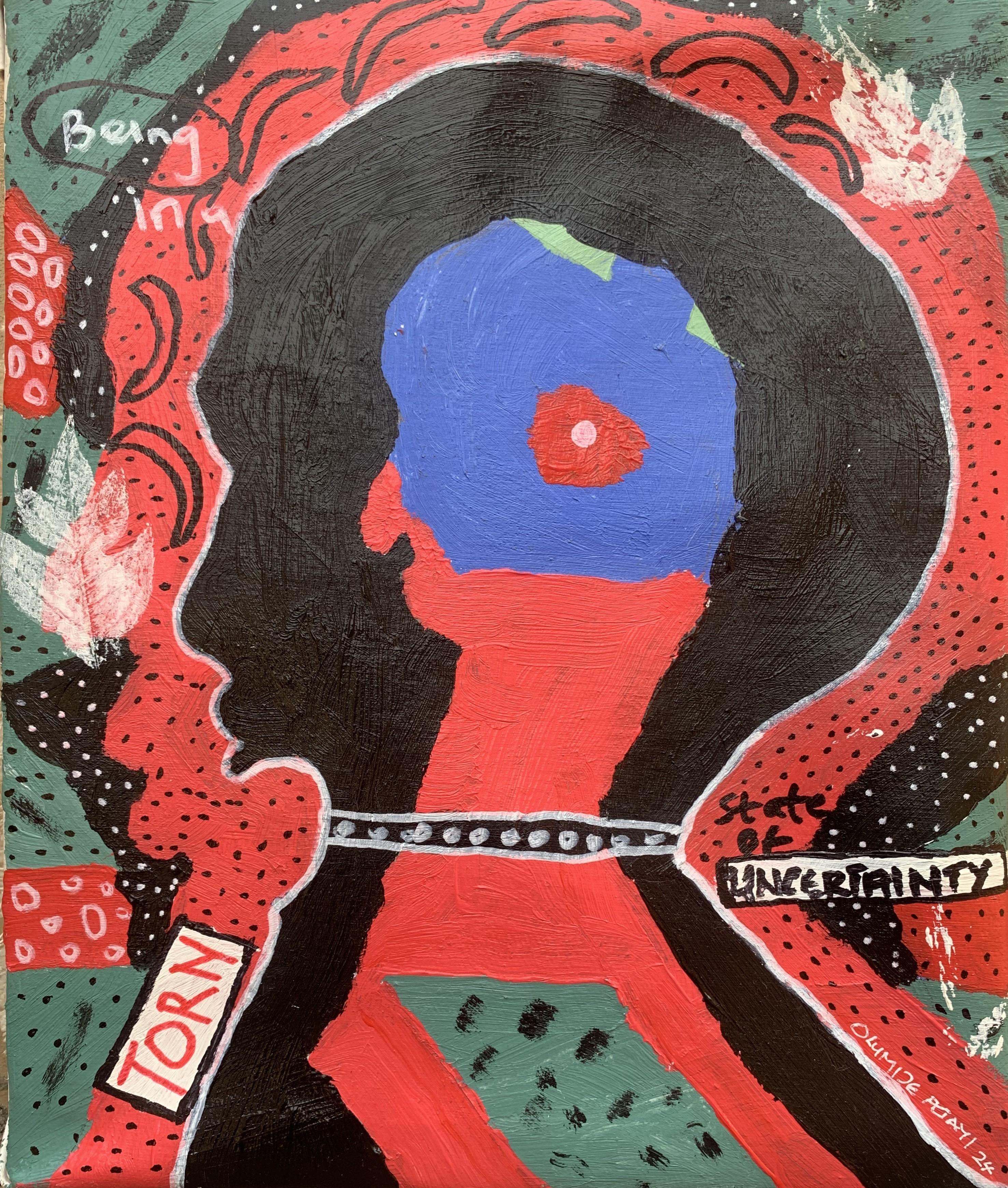 Abstract Painting di Olumide Ajayi - Torn (Tired) -21° secolo, Contemporaneo, Cultura Pop astratta, Persone in miniatura