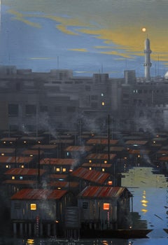 Serenity's Haven - 21° secolo, Contemporaneo, Paesaggi, Città moderna, Olio