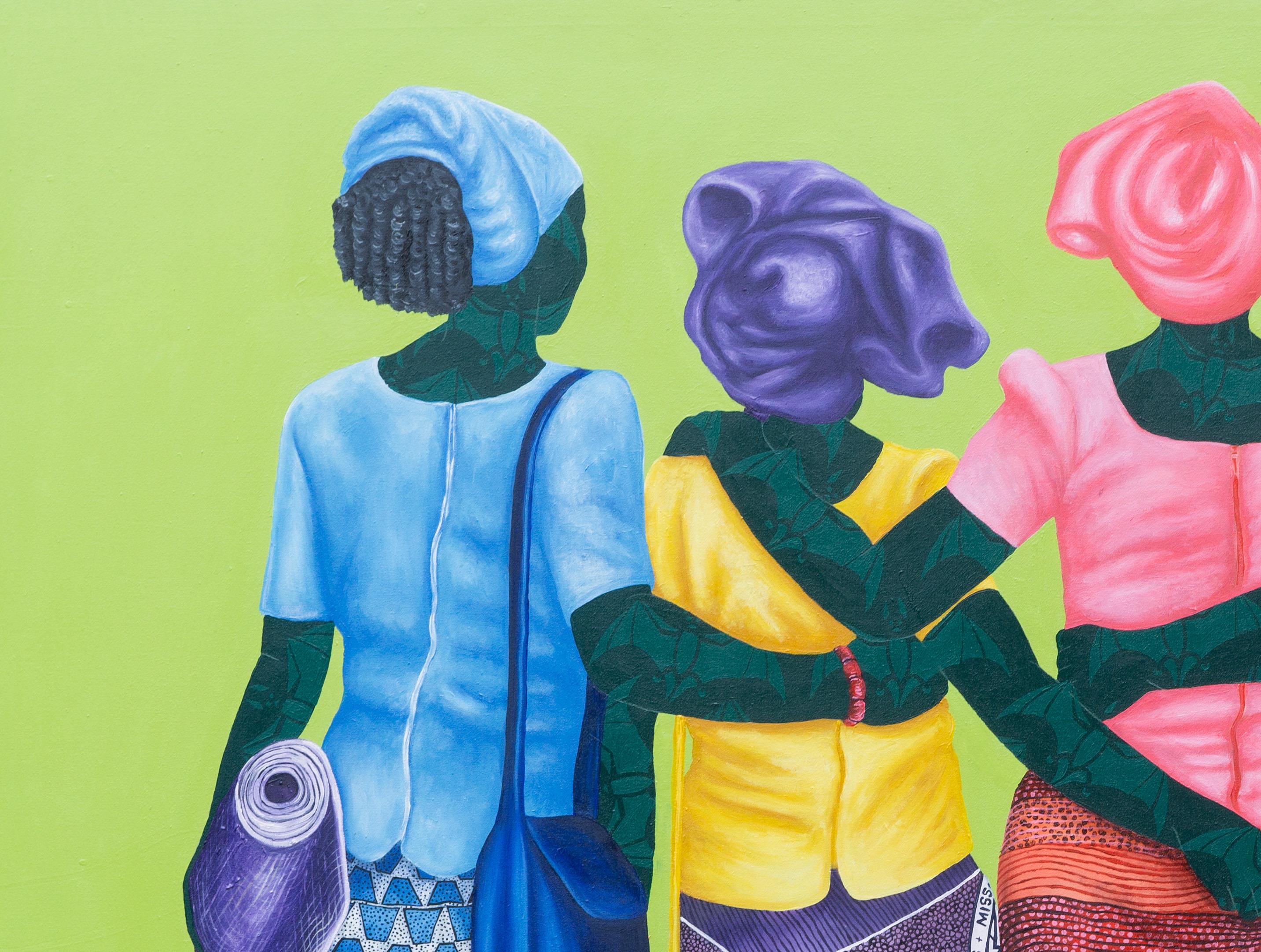 Good Woman - 21st Century, Contemporary, Figurative, Women on African Fabric - Painting by Oluwafemi Afolabi