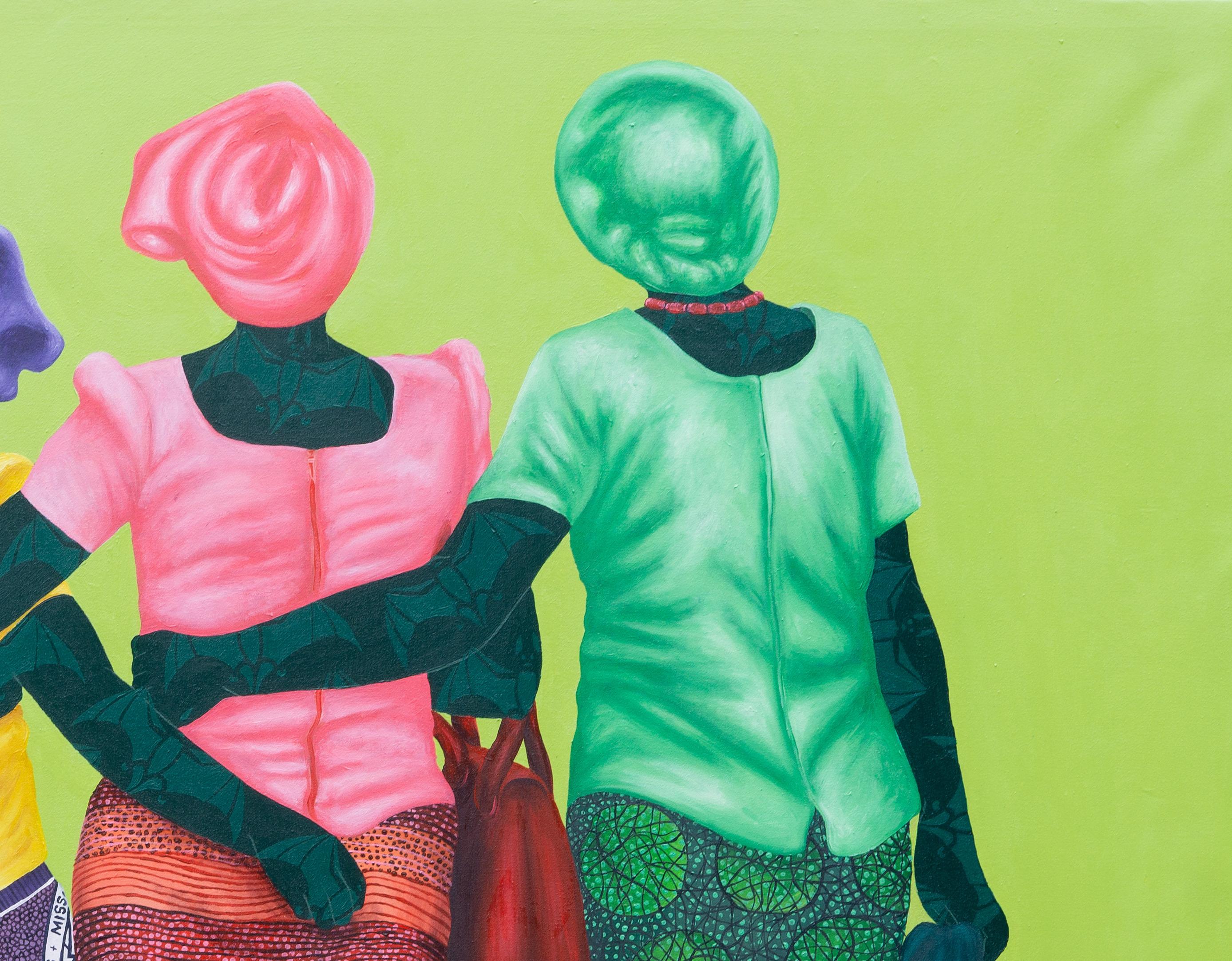 Good Woman - 21st Century, Contemporary, Figurative, Women on African Fabric - Green Portrait Painting by Oluwafemi Afolabi