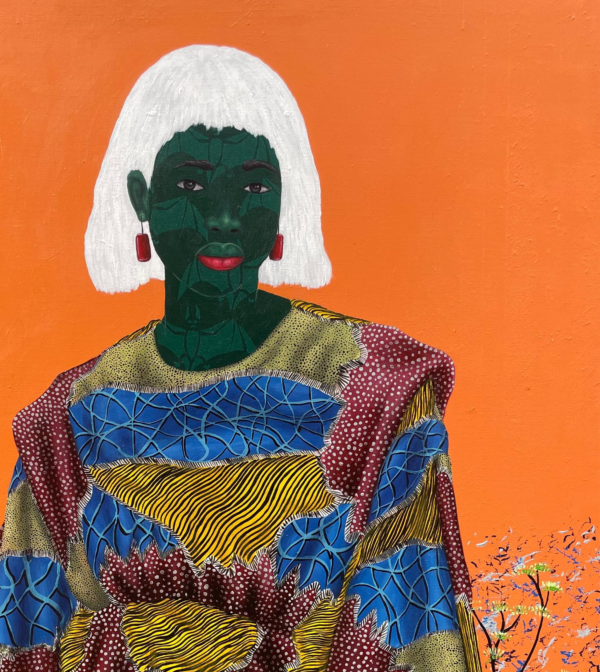 Inner Nature 2 - 21° secolo, Contemporaneo, Figurativo, Donne su tessuto africano - Portrait Painting Arancia di Oluwafemi Afolabi