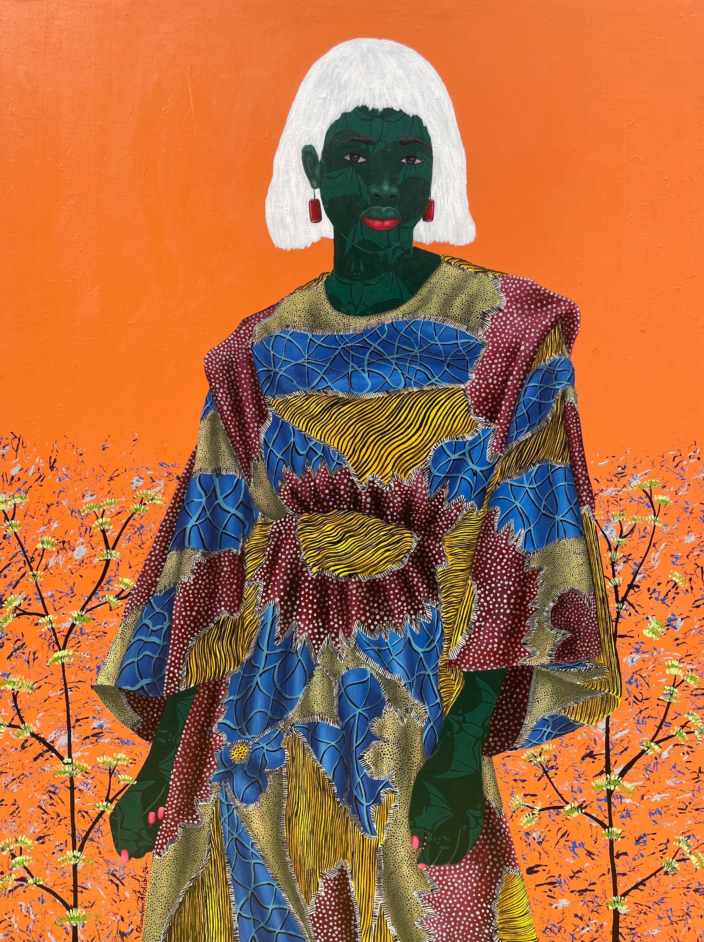 Portrait Painting di Oluwafemi Afolabi - Inner Nature 2 - 21° secolo, Contemporaneo, Figurativo, Donne su tessuto africano